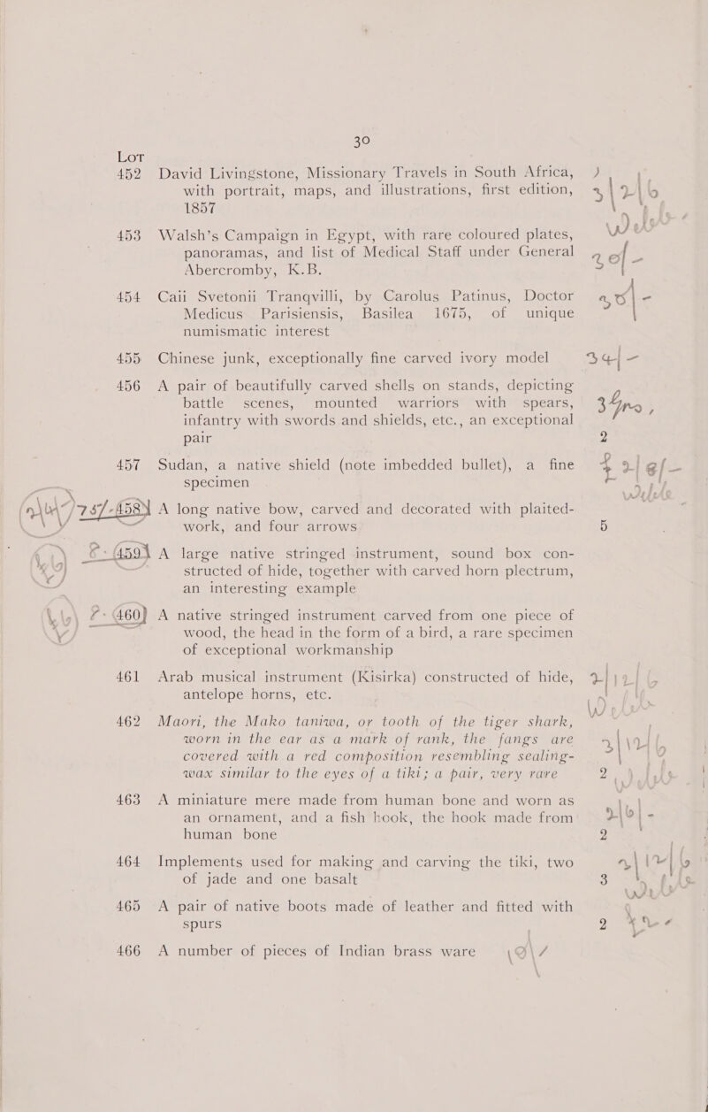Lot 452 David Livingstone, Missionary Travels in South Africa, with portrait, maps, and illustrations, first edition, 1857 453 Walsh’s Campaign in Egypt, with rare coloured plates, panoramas, and list of Medical Staff under General Abercromby, K.B. 454 Caii Svetonii Tranqvilli, by Carolus Patinus, Doctor Medicus. Parisiensis, Basilea 1675, of unique numismatic interest 455: Chinese junk, exceptionally fine carved ivory model Or 456 &lt;A pair of beautifully carved shells on stands, depicting battle scenes, mounted warriors with spears, infantry with swords and shields, etc., an exceptional pair 457 Sudan, a native shield (note imbedded bullet), a fine specimen (o\oA7 BEY -A5S A long native bow, carved and decorated with plaited- work, and cave arrows ©: (4594 A large native stringed instrument, sound box con- e structed of hide, together with carved horn plectrum, an interesting example Lily) 7 460) A native stringed instrument carved from one piece of VY) wood, the head in the form of a bird, a rare specimen of exceptional workmanship 461 Arab musical instrument (Kisirka) constructed of hide, antelope horns, etc. 462 Maori, the Mako taniwa, or tooth of the tiger shark, worn in the ear as a mark of rank, the fangs are covered with a red composition resembling sealing- wax similar to the eyes of a tiki; a pair, very rare 463 A miniature mere made from human bone and worn as an ornament, and a fish hook, the hook made from human bone 464 Implements used for making and carving the tiki, two of jade and one basalt 465 &lt;A pair of native boots made of leather and fitted with spurs 466 A number of pieces of Indian brass ware \O\7 Ot