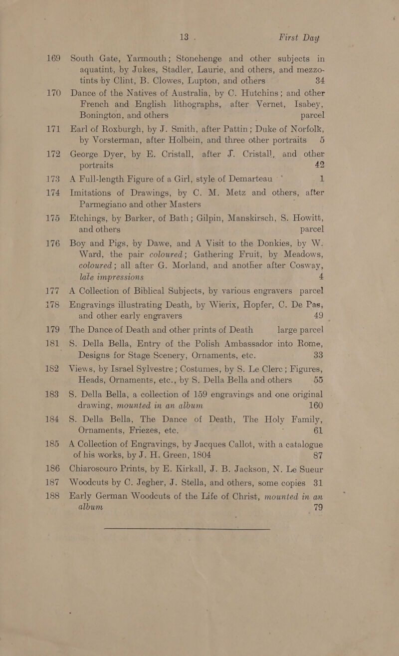 169 170 188 lage First Day South Gate, Yarmouth; Stonehenge and other subjects in aquatint, by Jukes, Stadler, Laurie, and others, and mezzo- tints by Clint, B. Clowes, Lupton, and others 34 Dance of the Natives of Australia, by C. Hutchins; and other French and English lithographs, after Vernet, Isabey, Bonington, and others ; parcel Earl of Roxburgh, by J. Smith, after Pattin; Duke of Norfolk, by Vorsterman, after Holbein, and three other portraits 5 George. Dyer, by E. Cristall, after J. Cristall, and other portraits 49 A Full-length Figure of a Girl, style of Demarteau ' 1 Imitations of Drawings, by C. M. Metz and others, after Parmegiano and other Masters Etchings, by Barker, of Bath; Gilpin, Manskirsch, S. Howitt, and others parcel Boy and Pigs, by Dawe, and A Visit to the Donkies, by W. Ward, the pair coloured; Gathering Fruit, by Meadows, coloured; all after G. Morland, and another after Cosway, late impressions 4. A Collection of Biblical Subjects, by various engravers parcel Engravings illustrating Death, by Wierix, Hopfer, C. De Pas, and other early engravers 49 The Dance of Death and other prints of Death large parcel S. Della Bella, Entry of the Polish Ambassador into Rome, Designs for Stage Scenery, Ornaments, etc. 33 Views, by Israel Sylvestre ; Costumes, by S. Le Clerc; Figures, Heads, Ornaments, etc., by S. Della Bella and others 55 S. Della Bella, a collection of 159 engravings and one original drawing, mounted in an album 160 S. Della Bella, The Dance of Death, The Holy Family, Ornaments, Friezes, etc. 61 A Collection of Engravings, by Jacques Callot, with a catalogue of his works, by J. H. Green, 1804 87 Chiaroscuro Prints, by E. Kirkall, J. B. Jackson, N. Le Sueur Woodcuts by C. Jegher, J. Stella, and others, some copies 31 Karly German Woodcuts of the Life of Christ, mounted in an album 79