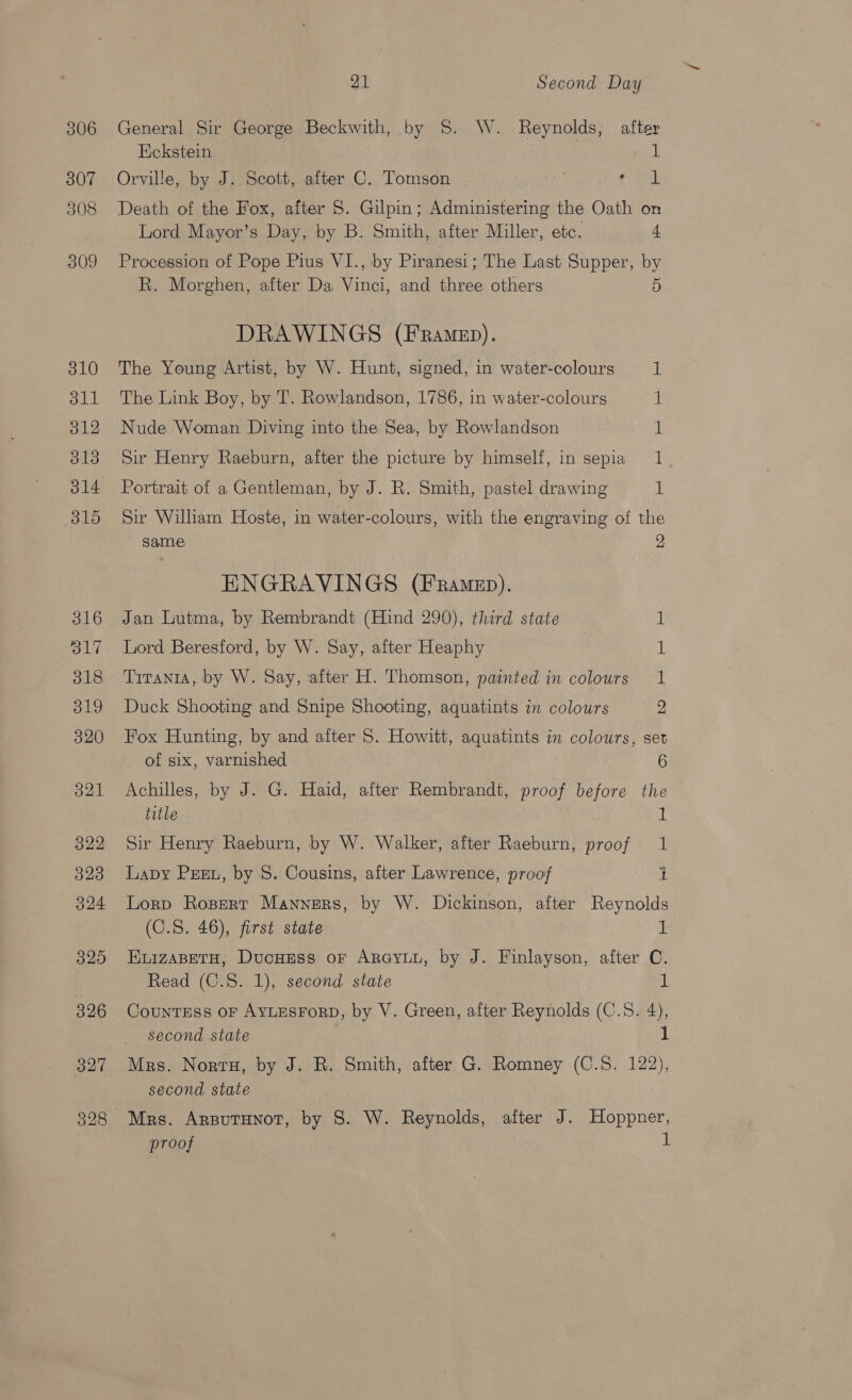 306 307 308 309 310 dll 312 313 314 315 316 O17 318 319 320 321 322 323 324 320 326 327 21 Second Day General Sir George Beckwith, by S. W. Reynolds, after Eckstein 1 Orville, by J. Scott, after C. Tomson rtrd Death of the Fox, after 8. Gilpin; Administering the Oath on Lord Mayor’s Day, by B. Smith, after Miller, etc. 4 Procession of Pope Pius VI., by Piranesi; The Last Supper, by R. Morghen, after Da Vinci, and three others 5 DRAWINGS (FRamep). The Young Artist, by W. Hunt, signed, in water-colours 1 The Link Boy, by T. Rowlandson, 1786, in water-colours a Nude Woman Diving into the Sea, by Rowlandson 1 Sir Henry Raeburn, after the picture by himself, in sepia 1 Portrait of a Gentleman, by J. R. Smith, pastel drawing 1 Sir William Hoste, in water-colours, with the engraving of the same 9 ENGRAVINGS (Framep). Jan Lutma, by Rembrandt (Hind 290), third state Lord Beresford, by W. Say, after Heaphy Titania, by W. Say, after H. Thomson, painted in colours oe a Duck Shooting and Snipe Shooting, aquatints in colours Fox Hunting, by and after 8. Howitt, aquatints in colours, set of six, varnished 6 Achilles, by J. G. Haid, after Rembrandt, proof before the title 1 Sir Henry Raeburn, by W. Walker, after Raeburn, proof 1 Lapy Prsn, by 8. Cousins, after Lawrence, proof i Lorp Ropert Manners, by W. Dickinson, after Reynolds (C.S. 46), first state i EuizaBetH, Ducness oF ArGcyuu, by J. Finlayson, after C. Read (C.S. 1), second state i CountTEss oF AYLESFoRD, by V. Green, after Reynolds (C.5. 4), second state 1 Mrs. Nort, by J. R. Smith, after G. Romney (C.S. 122), second state Mrs. ArsuTHnot, by 8. W. Reynolds, after J. Hoppner,