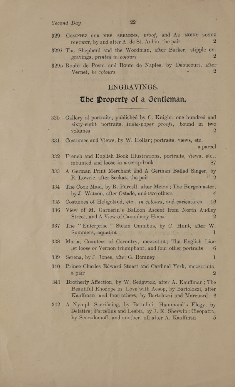 399 ComMPTEZ SUR MES SERMENS, proof, and AU MOINS SOYEZ DISCRET, by and after A. de St. Aubin, the pair 2 8294 The Shepherd and the Woodman, after Barker, stipple en- gravings, printed in colours 2 329B Route de Poste and Route de Naples, oy Debucourt, after Vernet, in colours : 2 ENGRAVINGS. — The Property of a Gentleman. 330 Gallery of portraits, published by C. Knight, one hundred and sixty-eight poral India-paper proofs, bound in two volumes | 2 331 Costumes and Views, by W. Hollar; portraits, views, etc. a parcel 332 French and English Book Illustrations, portraits, views, etc., mounted and loose in a scrap-book 87 333 A German Print Merchant and A German Ballad Singer, by ) R. Lowrie, after Seckaz, the pair a 334 The Cook Maid, by R. Purcell, after Metzu; The Burgomaster, by J. Watson, after Ostade, and two others | 4 335 Costumes of Heligoland, etc., in colours, and caricatures 16 336 View of M. Garnerin’s Balloon Ascent from North Audley Street, and A View of Canonbury House 2 337 The ‘* Enterprise ’’ Steam Omnibus, by C. Hunt, after W. Summers, aquatint . a 338 Maria, Countess of Coventry, mezzotint; The English Lion let loose or Vernon triumphant, and four other portraits 6 339 Serena, by J. Jones, after G. Romney } 1 340 Prince Charles Edward Stuart and Cardinal York, mezzotints, a pair 2 341 Brotherly Affection, by W. Sedgwick, after A. Kauffman; The Beautiful Rhodope in Love with Aesop, by Bartolozzi, after Kauffman, and four others, by Bartolozzi and Marcuard 6 342 A Nymph Sacrificing, by Bettelini; Hammond’s Elegy, by Delattre; Parcellus and Lesbia, by J. K. Sherwin ; Cleopatra, by Scorodomoff, and another, all after A. Kauffman 5