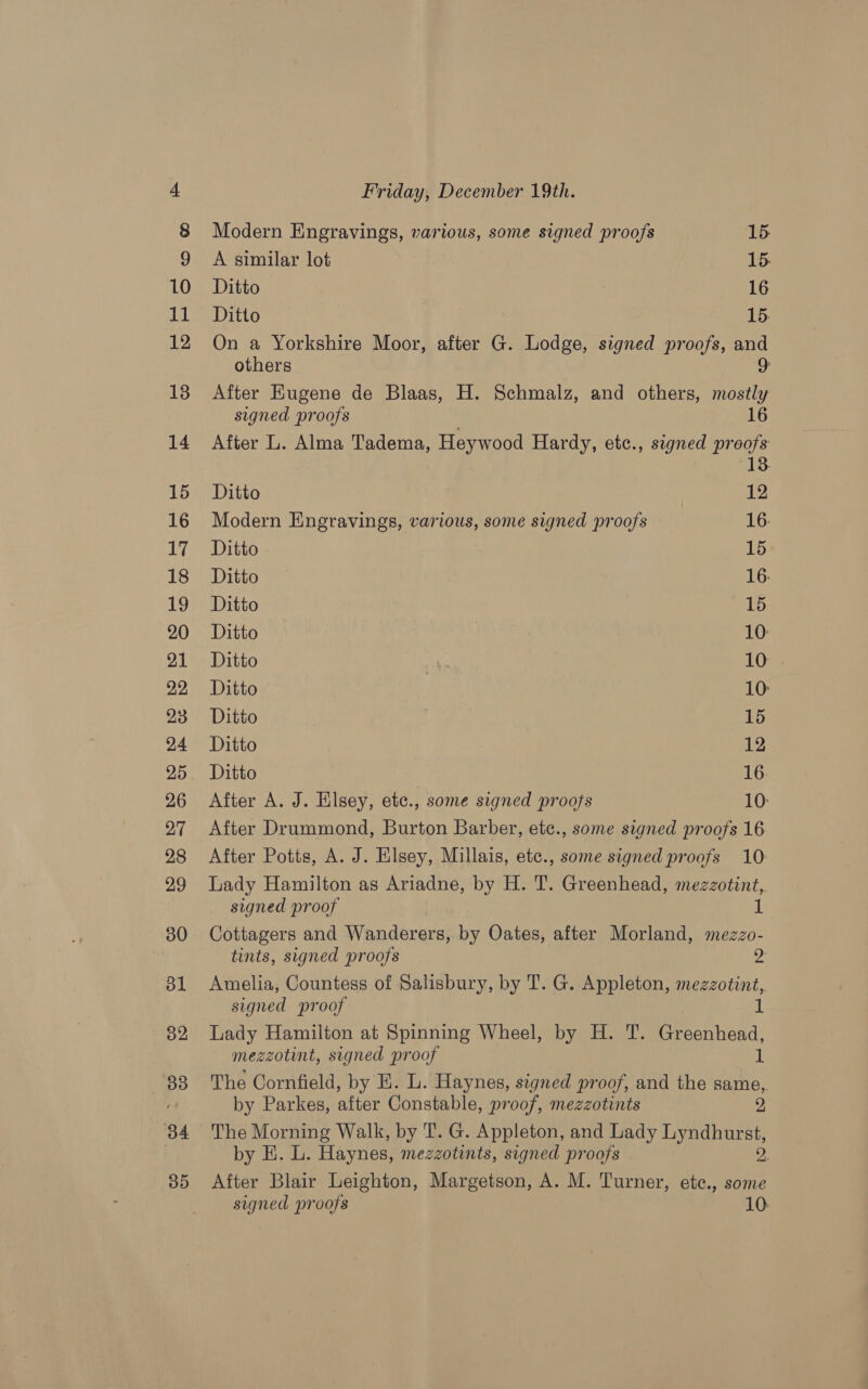 34 35 Friday, December 19th. Modern Engravings, various, some signed proofs 15. A similar lot 15. Ditto | 16 Ditto 15. On a Yorkshire Moor, after G. Lodge, signed proofs, and others 9 After Eugene de Blaas, H. Schmalz, and others, mostly signed proofs . 16 After L. Alma Tadema, Heywood Hardy, etc., signed proofs 13 Ditto 12 Modern Engravings, various, some signed proofs 16. Ditto 15 Ditto 16. Ditto 15 Ditto 10: Ditto ht ¢ 10° . Ditto 10: Ditto 15 Ditto 12 Ditto 16. After A. J. Hlsey, etc., some signed proofs 10: After Drummond, Burton Barber, etc., some signed proofs 16 After Potts, A. J. Elsey, Millais, etc., some signed proofs 10: Lady Hamilton as Ariadne, by H. T. Greenhead, mezzotint, signed proof 1 Cottagers and Wanderers, by Oates, after Morland, mezzo- tints, signed proofs 2. Amelia, Countess of Salisbury, by T. G. Appleton, mezzotint,. signed proof 1 Lady Hamilton at Spinning Wheel, by H. T. Greenhead, mezzotint, signed proof il The Cornfield, by E. L. Haynes, signed proof, and the same, by Parkes, after Constable, proof, mezzotints 2, The Morning Walk, by T. G. Appleton, and Lady Lyndhurst, by HE, L. Haynes, mezzotints, signed proofs ys After Blair Leighton, Margetson, A. M. Turner, etc., some signed proofs 10: