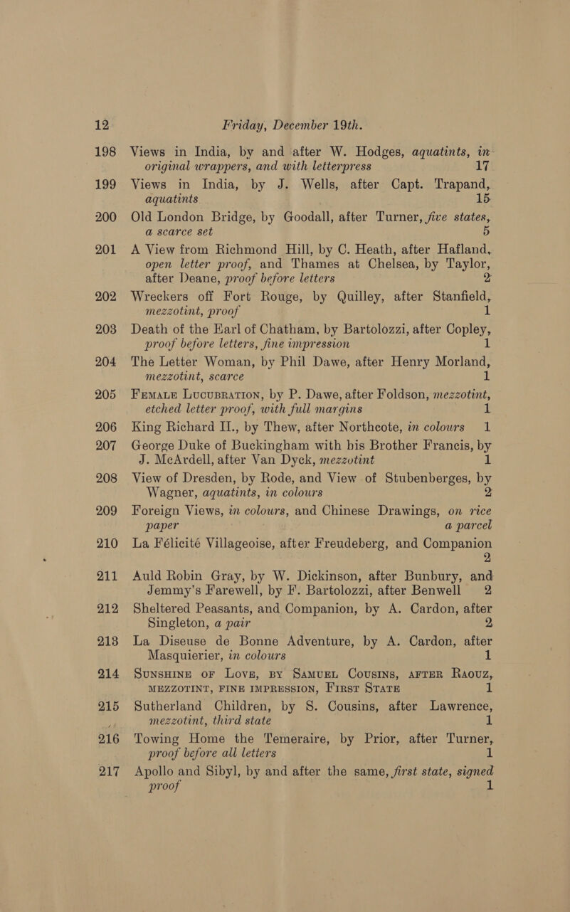 198 199 200 201 202 203 204 205 206 207 208 209 210 211 212 213 214 215 216 217 Views in India, by and after W. Hodges, aquatints, in original wrappers, and with letterpress 17 Views in India, by J. Wells, after Capt. ey aquatints Old London Bridge, by Goodall, after Turner, five states, a scarce set 5 A View from Richmond Hill, by C. Heath, after Hafland, open letter proof, and Thames at Chelsea, by Taylor, after Deane, proof before letters 2 Wreckers off Fort Rouge, by Quilley, after Stanfield, mezzotint, proof 1 Death of the Earl of Chatham, by Bartolozzi, after Copley, proof before letters, fine impression 1 The Letter Woman, by Phil Dawe, after Henry Morland, mezzotint, scarce 1 Fremate Lucupration, by P. Dawe, after Foldson, mezzotint, etched letter proof, with full margins King Richard I1., by Thew, after Northcote, in colowrs 1 George Duke of Buckingham with his Brother Francis, by J. McArdell, after Van Dyck, mezzotint 1 View of Dresden, by Rode, and View of Stubenberges, by Wagener, aquatints, in colours Foreign Views, in eOr, and Chinese Drawings, on rice paper a parcel La Félicité Villageoise, after Freudeberg, and Companion 2 Auld Robin Gray, by W. Dickinson, after Bunbury, and Jemmy’s Farewell, by F. Bartolozzi, after Benwell 2 Sheltered Peasants, and Companion, by A. Cardon, after Singleton, a pair 2, La Diseuse de Bonne Adventure, by A. Cardon, after Masquierier, in colours 1 SUNSHINE OF Love, By SAMUEL CousINs, AFTER Raovz,. MEZZOTINT, FINE IMPRESSION, First STATE ah Sutherland Children, by 8S. Cousins, after Lawrence, mezzotint, third state 1 Towing Home the Temeraire, by Prior, after Turner, proof before all letters 1 Apollo and Sibyl, by and after the same, jirst state, signed proof iy