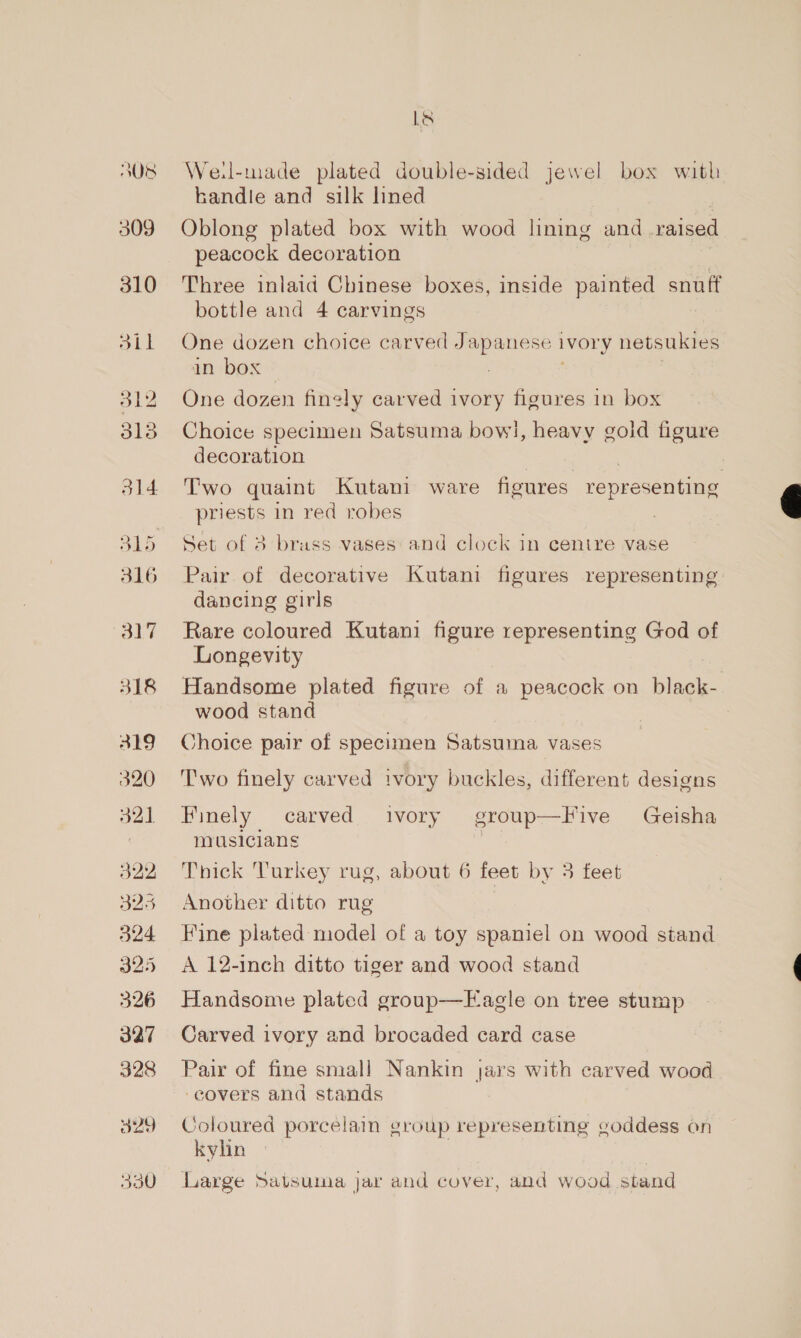 312 313 314 316 317 318 319 320 SAN 325 324 325 326 327 328 329 330 La We:l-made plated double-sided jewel box with handle and silk lined Oblong plated box with wood lining and raised peacock decoration Three inlaid Chinese boxes, inside painted snuff bottle and 4 carvings One dozen choice carved eee ivory netsukies in box One dozen finely carved ivory figures in box Choice specimen Satsuma bow], heavy goid figure decoration | : Two quaint Kutani ware figures representing priests in red robes | Set of 3 brass vases and clock in centre vase Pair of decorative Kutani figures representing dancing girls Rare coloured Kutani figure representing God of Longevity Handsome plated figure of a peacock on black- wood stand Choice pair of specimen Satsuma vases Two finely carved tvory buckles, different designs Finely carved ivory group—Five Geisha musicians | Another ditto rug Fine plated model of a toy spaniel on wood stand A 12-inch ditto tiger and wood stand Handsome plated group—Eagle on tree stump Carved ivory and brocaded card case Pair of fine small Nankin jars with carved wood -eovers and stands Coloured porcelain group representing goddess on kylin Large Satsuma jar and cover, and wood stand 