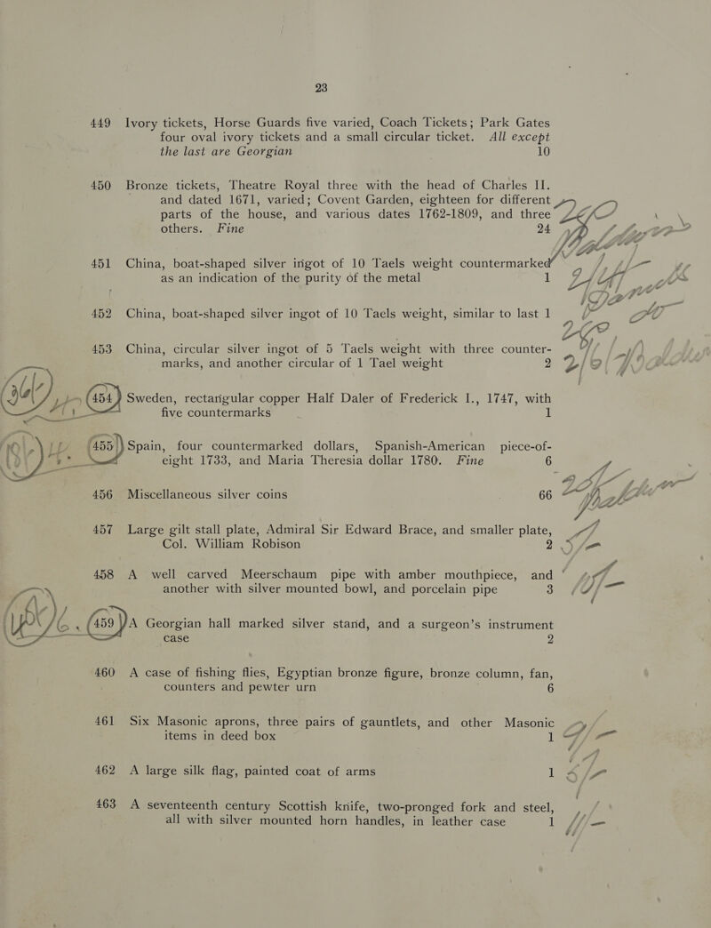 449 Ivory tickets, Horse Guards five varied, Coach Tickets; Park Gates four oval ivory tickets and a small circular ticket. All except the last are Georgian 10 450 Bronze tickets, Theatre Royal three with the head of Charles II. parts of the house, and various dates 1762-1809, and three    others. Fine 24 S fst? \% 451 China, boat-shaped silver ingot of 10 Taels weight countermarke 7 Vf Afi as an indication of the purity of the metal 1 TAA | -A/~ “es +], A/ yy I 4/ La 452 China, boat-shaped silver ingot of 10 Taels weight, similar to last 1 gs Ht 453 China, circular silver ingot of 5 Taels weight with three counter- marks, and another circular of 1 Tael weight 2 j Sweden, rectarigular copper Half Daler of Frederick I., 1747, with five countermarks 1 ( 455 Spain, four countermarked dollars, Spanish-American _ piece-of- we eight 1733, and Maria Theresia dollar 1780. Fine 6 a AALX~ 4 ar 6 Miscell il 201 6 eH sit” 456 iscellaneous silver coins 66 Vee 457 Large gilt stall plate, Admiral Sir Edward Brace, and smaller plate, on Col. William Robison 2.) 4 a 458 A well carved Meerschaum pipe with amber mouthpiece, and © 4% another with silver mounted bowl, and porcelain pipe 3 Sy, / 2 « (wa) Georgian hall marked silver starid, and a surgeon’s instrument case 2 460 <A case of fishing flies, Egyptian bronze figure, bronze column, fan, counters and pewter urn 6 461 Six Masonic aprons, three pairs of gauntlets, and other Masonic Y items in deed box 1 7/7 f- 3 462 A large silk flag, painted coat of arms 1 o r ‘ 463 A seventeenth century Scottish knife, two-pronged fork and steel, , all with silver mounted horn handles, in leather case 1 bh / =     vi