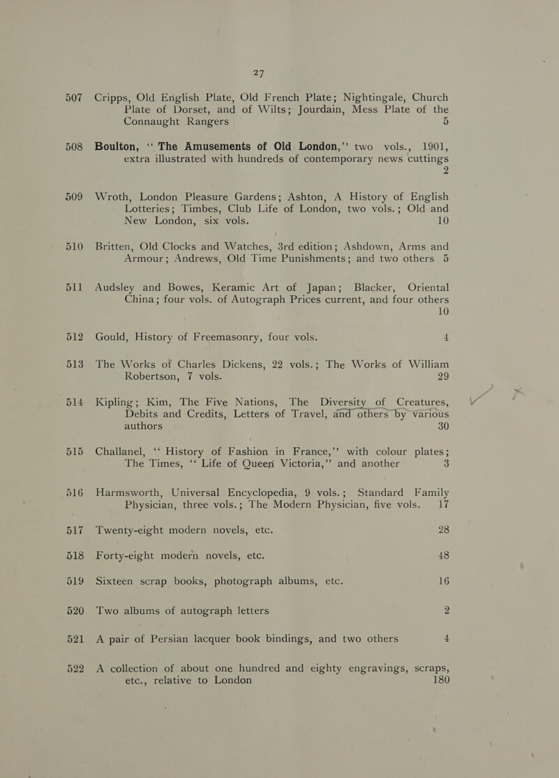 507 508 509 510 511 27 Cripps, Old English Plate, Old French Plate; Nightingale, Church Plate of Dorset, and of Wilts; Jourdain, Mess Plate of the Connaught Rangers 5 Boulton, ‘‘ The Amusements of Old London,’’ two vols., 1901, extra illustrated with hundreds of contemporary news cuttings 2 Wroth, London Pleasure Gardens; Ashton, A History of English Lotteries; Timbes, Club Life of London, two vols.; Old and New London, six vols. 10 Britten, Old Clocks and Watches, 3rd edition; Ashdown, Arms and Armour; Andrews, Old Time Punishments; and two others 5 Audsley and Bowes, Keramic Art of Japan; Blacker, Oriental China; four vols. of Autograph Prices current, and four others 10 Gould, History of Freemasonry, four vols. 4 The Works of Charles Dickens, 22 vols.; The Works of William Robertson, 7 vols. 29 Kipling; Kim, The Five Nations, The Diversity of Creatures, Debits and Credits, Letters of Travel, and others by various authors 30 Challanel, ‘‘ History of Fashion in France,’’ with colour plates; The Times, ‘‘ Life of Queen Victoria,’? and another 3 Harmsworth, Universal Encyclopedia, 9 vols.; Standard Family Physician, three vols.; The Modern Physician, five vols. 17 Twenty-eight modern novels, etc. 28 Forty-eight modern novels, etc. 48 Sixteen scrap books, photograph albums, etc. 16 Two albums of autograph letters 2 A pair of Persian lacquer book bindings, and two others 4 A collection of about one hundred and eighty engravings, scraps, etc., relative to London 180