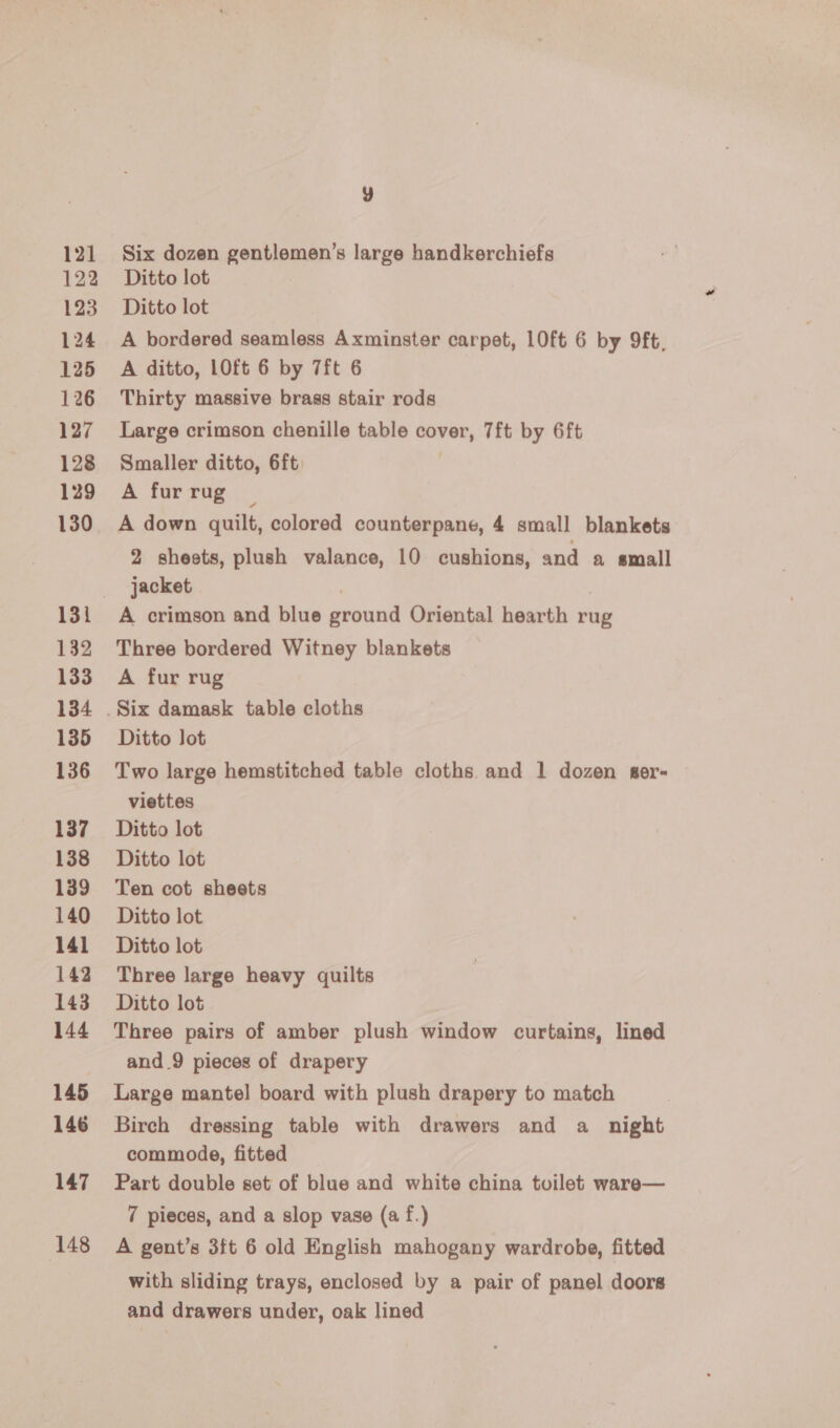 121 122 123 124 125 126 127 128 129 130 131 132 133 134 135 136 137 138 139 140 141 142 143 144 145 146 147 148 9 Six dozen gentlemen’s large handkerchiefs Ditto lot Ditto lot A bordered seamless Axminster carpet, LOft 6 by 9ft, A ditto, LOft 6 by 7ft 6 Thirty massive brass stair rods Large crimson chenille table cover, 7ft by 6ft Smaller ditto, 6ft A fur rug A down quilt, colored counterpane, 4 small blankets 2 sheets, plush valance, 10 cushions, and a small jacket . . A crimson and blue ground Oriental hearth rug Three bordered Witney blankets A fur rug Ditto Jot Two large hemstitched table cloths and 1 dozen ser- viettes Ditto lot Ditto lot Ten cot sheets Ditto lot Ditto lot Three large heavy quilts Ditto lot Three pairs of amber plush window curtains, lined and 9 pieces of drapery Large mantel board with plush drapery to match Birch dressing table with drawers and a _ night commode, fitted Part double set of blue and white china toilet ware— 7 pieces, and a slop vase (a f.) A gent’s 3ft 6 old English mahogany wardrobe, fitted with sliding trays, enclosed by a pair of panel doors and drawers under, oak lined