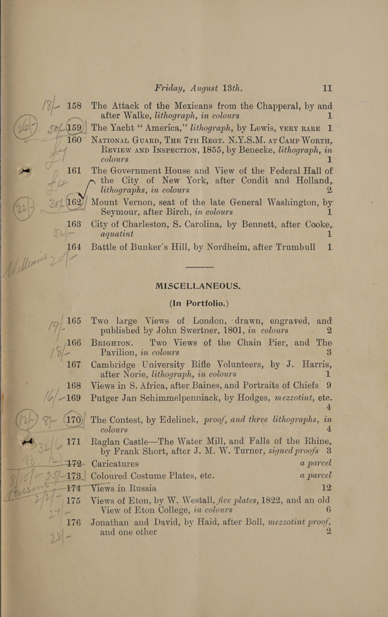   \ Ry/4 ’ 4159)  Friday, August 138th. 11 after Walke, lithograph, in colowrs The Yacht ‘‘ America,” lithograph, by Lewis, VERY RARE : 160- Nationa Guarp, THE 7TH Raat. N.Y.S.M. art Camp Worra,. 4 REVIEW AND InsPECTION, 1855, by Benecke, lithograph, wn. / colours 1 161 The Government House and View of the Federal Hall of the City of New York, after Condit and Holland, lithographs, wn colours 2. r1.(162)/ Mount Vernon, seat of the late General Washington, by ‘ Seymour, after Birch, in colours 1 163 City of Charleston, 8. Carolina, by Bennett, after Cooke,. — aquatint 1 164 Battle of Bunker's Hill, by Nordheim, after Trumbull 1 MISCELLANEOUS. (In Portfolio.) /g| 165 Two large Views of London, drawn, engraved, and iis published by John Swertner, 1801, zn colours 2 166 Brieuron. Two Views of the Chain Pier, and The d - Pavilion, wm colowrs D 167 Cambridge University Rifle Volunteers, by J. Harris, after Norie, lithograph, in colours 1 _,, 168 Views in 8. Africa, after Baines, and Portraits of Chiefs 9 u/ 169 Putger Jan Schimmelpenniack, by Hodges, mezzotint, etc. : a Kl G70) The Contest, by Edelinck, proof, and three lithographs, in : colours 4: / 171 Raglan Castle—The Water Mill, and Falls of the Rhine, aes by Frank Short, after J. M. W. Turner, signed proofs 3 —-172- Caricatures a parcel /-178., Coloured Costume Plates, ete. a parcel —174— Views in Russia 12 ~/175 Views of Eton, by W. Westall, five plates, 1822, and an old | View of Eton College, in colours 6 176 Jonathan and David, by Haid, after Boll, mezzotint Ee and one other