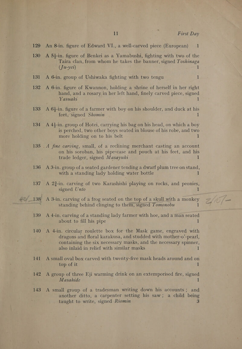 129 130 131 132 133 134 135 136 142 143 11 a First Day An 8-in. figure of Edward VI., a well-carved piece (European) 1 A 54-in. figure of Benkei as a Yamabushi, fighting with two of the Taira clan, from whom he takes the banner, signed Toshinaga (Ju-yet) 1 A 6-in. group of Ushiwaka fighting with two tengu 1 A 6-in. figure of Kwannon, holding a shrine of herself in her right hand, and a rosary in her left hand, finely carved piece, signed Yasuaki 1 A 63-in. figure of a farmer with boy on his shoulder, and duck at his feet; signed Shomin 1 A 44-in. group of Hotel, carrying his bag on his head, on which a boy is perched, two other boys seated in blouse of his robe, and two . more holding on to his belt 1 on his soroban, his pipe-case and pouch at his feet, and his trade ledger, signed Masayuki | 1 A 3-in. group of a seated gardener tending a dwarf plum tree on stand, with a standing lady holding water bottle — 1 A 22-in. carving of two Feng aie playing on rocks, and peonies, signed Unto 1 A 3-in. carving of a frog seated on the top of a skull with a monkey standing behind clinging to them, signed Tomonobu 1 A 4-in. carving ofa standing lady farmer with hoe, and a man seated about to fill his pipe 1 A 4-in. circular roulette box for the Mask game, engraved with dragons and floral karakusa, and studded with mother-o’-pearl, containing the six necessary masks, and the necessary spinner, also inlaid in relief with similar masks 1 A small oval box carved with twenty-five mask heads around and on top of it 1 A group of three Eji warming drink on an extemporised fire, signed Masahide 1 A small group of a tradesman writing down his accounts ; and another ditto, a carpenter setting his saw; a child being taught to write, signed Riomin 3