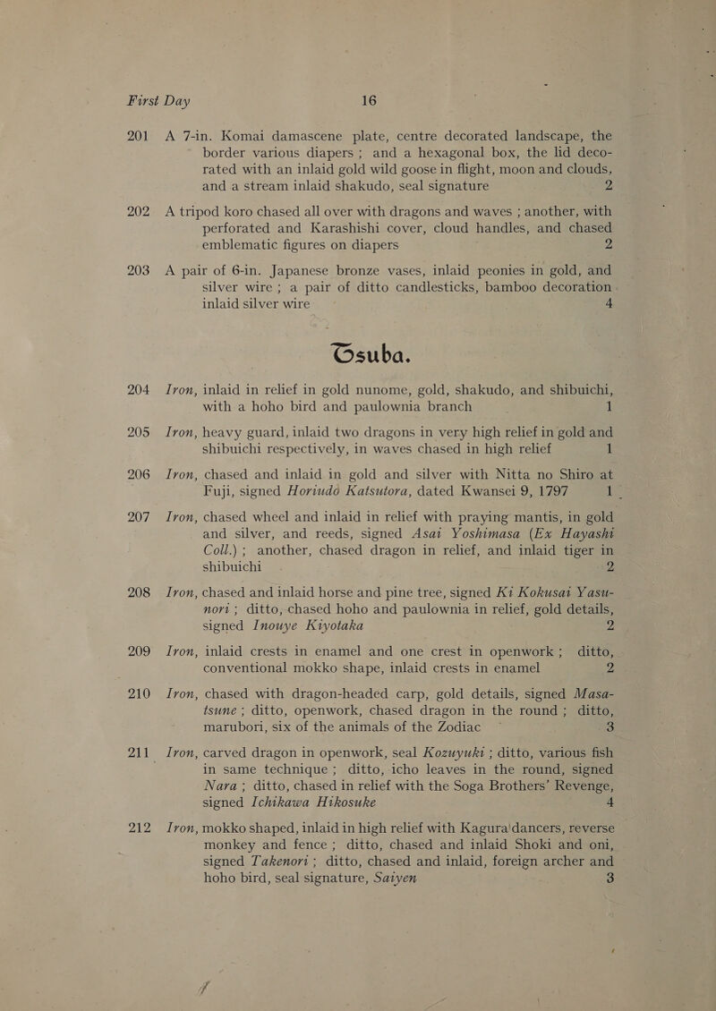 201 202 203 208 209 210 212 A 7-in. Komai damascene plate, centre decorated landscape, the border various diapers ; and a hexagonal box, the lid deco- rated with an inlaid gold wild goose in flight, moon and clouds, and a stream inlaid shakudo, seal signature 2 A tripod koro chased all over with dragons and waves ; another, with perforated and Karashishi cover, cloud handles, and chased emblematic figures on diapers 2 A pair of 6-in. Japanese bronze vases, inlaid peonies in gold, and silver wire ; a pair of ditto candlesticks, bamboo decoration. inlaid silver wire 4 ©Osuba. Ivon, inlaid in relief in gold nunome, gold, shakudo, and shibuichi, with a hoho bird and paulownia branch : 1 Iron, heavy guard, inlaid two dragons in very high relief in gold and shibuichi respectively, in waves chased in high relief 1 Ivon, chased and inlaid in gold and silver with Nitta no Shiro at Fuji, signed Horiudo Katsutora, dated Kwansei 9, 1797 Le Iron, chased wheel and inlaid in relief with praying mantis, in gold and silver, and reeds, signed Asat Yoshimasa (Ex Hayashi Coll.) ; another, chased dragon in relief, and inlaid tiger in shibuichi . 12 Iron, chased and inlaid horse and pine tree, signed K1 Kokusat Yasu- nort ; ditto, chased hoho and paulownia in relief, gold details, signed Inouye Kiyotaka yi Iron, inlaid crests in enamel and one crest in openwork; ditto, conventional mokko shape, inlaid crests in enamel 2 Ivon, chased with dragon-headed carp, gold details, signed Masa- tsune ; ditto, openwork, chased dragon in the round ; ditto, marubori, six of the animals of the Zodiac ~ 5 Iron, carved dragon in openwork, seal Kozuywki ; ditto, various fish in same technique; ditto, icho leaves in the round, signed Nara ; ditto, chased in relief with the Soga Brothers’ Revenge, signed Ichikawa Htkosuke 4 Iron, mokko shaped, inlaid in high relief with Kagura'dancers, reverse monkey and fence ; ditto, chased and inlaid Shoki and oni, signed Takenori ; ditto, chased and inlaid, foreign archer and