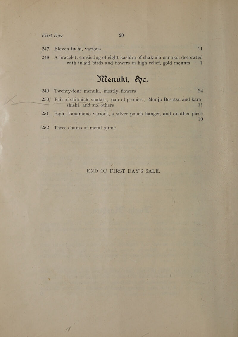 247 Eleven fuchi, various 11 248 A bracelet, consisting of eight kashira of shakudo nanako, decorated with inlaid birds and flowers in high relief, gold mounts 1 SWenuki, &amp;c. 249 Twenty-four menuki, mostly flowers | 24 250 Pair of shibuichi snakes ; pair of peonies ; Monju Bosatsu and kara, shishi, and-six others oe 251 Eight kanamono various, a silver pouch hanger, and another piece : 10 252: Three chains-of metal ojimé END: OF -BIRSTSDAY 5S Sa.