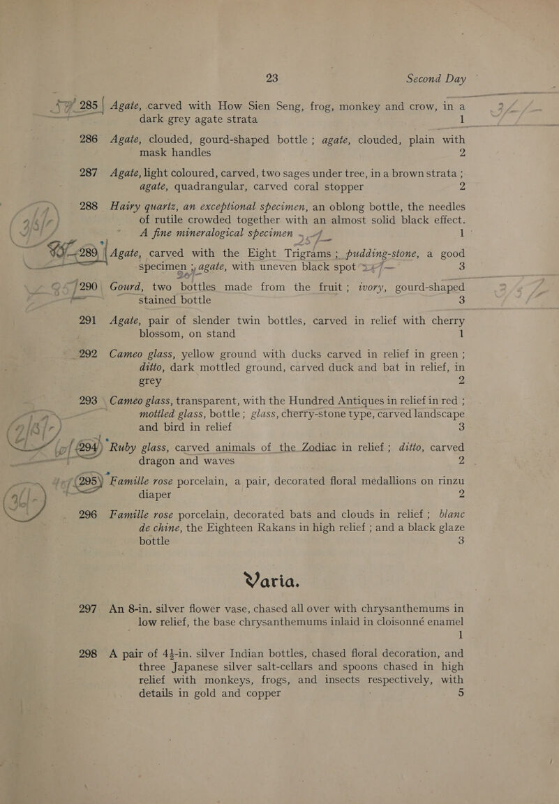 yy yf 285 | Agate, carved with How Sien Seng, frog, monkey and crow, in a Site dark grey agate strata ge 286 Agate, clouded, gourd-shaped bottle ; agate, clouded, plain with mask handles 2 287 Agate, light coloured, carved, two sages under tree, ina brown strata ; agate, quadrangular, carved coral stopper 2 288 H airy quartz, an exceptional specimen, an oblong bottle, the needles ale lr; of rutile crowded together with an almost solid black effect. : a” - ~ A fine mineralogical specimen 3s ie Les ae 6”, 289 ‘ Agate, carved with the Eight Trigrams ; eas: -stone, a good a ea y agate, with uneven black spot 347— 3 ~/ 290 Gourd, two ‘bottles made from the fruit ; ivory, gourd-shaped | — stained bottle 3 291 Agate, pair of slender twin bottles, carved in relief with cherry blossom, on stand 1 292 Cameo glass, yellow ground with ducks carved in relief in green ; ditto, dark mottled ground, carved duck and bat in relief, in  grey 2 293 Cameo glass, transparent, with the Hundred Antiques in relief in red ; aX ' motiled glass, bottle; glass, cherry-stone type, carved landscape i'r) and bird in relief 3 ‘ f 2 ~~ * lof 294) Ruby glass, carved animals of the Zodiac in relief; ditto, carved —. - dragon and waves 2 7” (295) Famille rose porcelain, a pair, decorated floral medallions on rinzu = diaper 2  296 Famille rose porcelain, decorated bats and clouds in relief; blanc de chine, the Eighteen Rakans in high relief ; anda black glaze bottle 3 Varia. 297. An 8-in. silver flower vase, chased all over with chrysanthemums in low relief, the base chrysanthemums inlaid in cloisonné enamel | 1 298 A pair of 44-in. silver Indian bottles, chased floral decoration, and three Japanese silver salt-cellars and spoons chased in high relief with monkeys, frogs, and insects respectively, with details in gold and copper 5