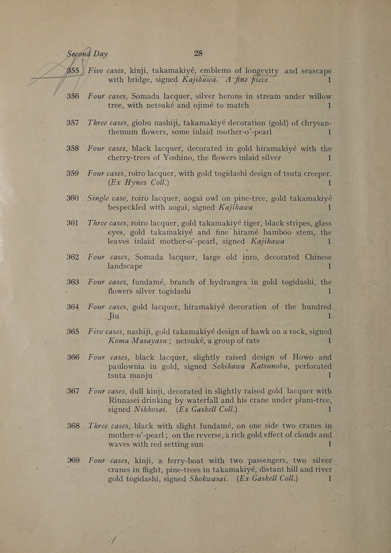 356 357 358 359 360 361 362 363 364 365 366 367 368 369 Five cases, kinji, takamakiyé, emblems of longevity and seascape with bridge, signed Kajikawa. A fine piece — 1 Four cases, Somada lacquer, silver herons in stream under willow tree, with netsuké and ojimé to match . 1 Three cases, giobu nashiji, takamakiyé decoration (gold) of chrysan- themum flowers, some inlaid mother-o -pearl 1 Four cases, black lacquer, decorated in gold hiramakiyé with the cherry-trees of Yoshino, the flowers inlaid silver 1 Four cases, roiro lacquer, with gold togidashi design of tsuta creeper. (Ex Hynes Coll.) 1 Single case, roiro lacquer, aogai owl on pine-tree, gold takamakiyé bespeckled with aogai, signed Kajikawa 1 Three cases, roiro lacquer, gold takamakiyé tiger, black stripes, glass eyes, gold takamakiyé and fine hiramé bamboo stem, the leaves inlaid mother-o’-pearl, signed Kajtkawa 1 Four cases, Somada lacquer, large old inro, decorated Chinese landscape 1 Four cases, fundamé, branch of hydrangea in gold togidashi, the flowers silver togidashi Four cases, gold lacquer, hiramakiyé decoration of the hundred Jiu 1 Five cases, nashiji, gold takamakiyé design of hawk on a rock, signed Koma Masayasu ; netsuké, a group of rats 1 Four cases, black lacquer, slightly raised design of Howo and paulownia in gold, signed Sekikawa Katsunobu, perforated tsuta manju 1 Four cases, dull kinji, decorated in slightly raised gold lacquer with Rinnasei drinking by waterfall and his crane under plum-tree, signed Nikkosat. (Ex Gaskell Coll.) 1 Three cases, black with slight fundamé, on one side two cranes in mother-o’-pearl; on the reverse, a rich gold effect of clouds and. waves with red setting sun | 1 Four cases, kinji, a ferry-boat with two passengers, two silver cranes in flight, pine-trees in takamakiyé, distant hill and river gold togidashi, signed Shokwasai. (Ex Gaskell Coll.) 1