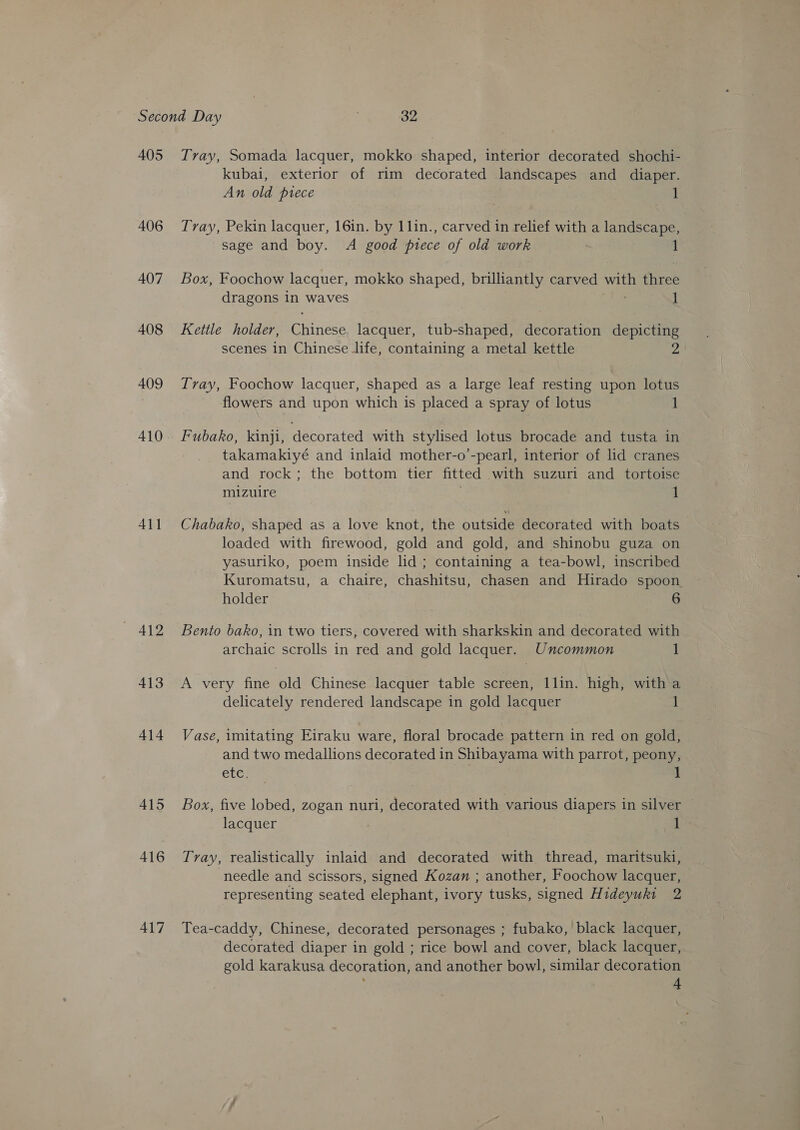 405 406 407 408 409 411 412 413 414 415 416 417 Tray, Somada lacquer, mokko shaped, interior decorated shochi- kubai, exterior of rim decorated landscapes and diaper. An old piece 1 Tray, Pekin lacquer, 16in. by 1lin., carved in relief with a landscape, sage and boy. A good piece of old work | 1 Box, Foochow lacquer, mokko shaped, brilliantly carved with fic dragons in waves 1 Kettle holder, SHRED lacquer, tub-shaped, decoration depicting scenes in Chinese life, containing a metal kettle 2 Tray, Foochow lacquer, shaped as a large leaf resting upon lotus flowers and upon which is placed a spray of lotus Fubako, kinji, decorated with stylised lotus brocade and tusta in takamakiyé and inlaid mother-o’-pearl, interior of lid cranes and rock; the bottom tier fitted with suzuri and tortoise mizuire 1 Chabako, shaped as a love knot, the outside decorated with boats loaded with firewood, gold and gold, and shinobu guza on yasuriko, poem inside lid; containing a tea-bowl, inscribed Kuromatsu, a chaire, chashitsu, chasen and Hirado spoon holder 6 Bento bako, in two tiers, covered with sharkskin and decorated with archaic scrolls in red and gold lacquer. Uncommon 1 A very fine old Chinese lacquer table screen, 1lin. high, with a delicately rendered landscape in gold lacquer 1 Vase, imitating Eiraku ware, floral brocade pattern in red on gold, and two medallions decorated in Shibayama with parrot, peony, . ete. Box, five lobed, zogan nuri, decorated with various diapers in silver lacquer 1 Tray, realistically inlaid and decorated with thread, maritsuki, needle and scissors, signed Kozan ; another, Foochow lacquer, representing seated elephant, ivory tusks, signed Hideyuki 2 Tea-caddy, Chinese, decorated personages ; fubako, black lacquer, decorated diaper in gold ; rice bowl and cover, black lacquer, gold karakusa decoration, and another bowl, similar decoration
