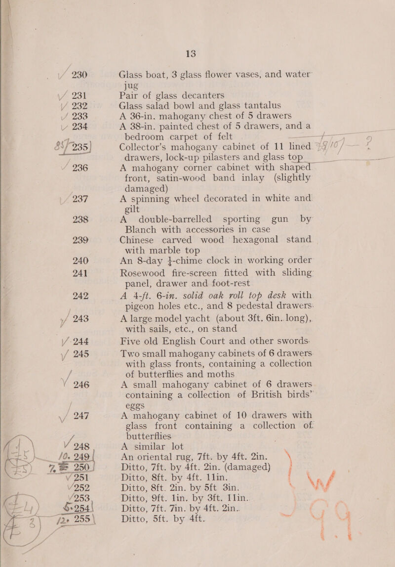 af 230 J 231 /- 232 / 233 / 234 2 4 yi S235) © 236 237 238 239 240 241 242 yf f 243 244 \ 7 245 13 Glass boat, 3 glass flower vases, and water jug Pair of glass decanters Glass salad bowl and glass tantalus A 36-in. mahogany chest.of 5 drawers A 38-in. painted chest of 5 drawers, and a bedroom carpet of felt drawers, lock-up pilasters and glass top front, satin-wood band inlay (slightly damaged) A spinning wheel decorated in white and gilt A double-barrelled sporting gun by Blanch with accessories in case Chinese carved wood hexagonal stand. with marble top An 8-day }-chime clock in working order Rosewood fire-screen fitted with sliding panel, drawer and foot-rest A 4-ft. 6-in. solid oak roll top desk with pigeon holes etc., and 8 pedestal drawers: A large model yacht (about 3ft. 6in. long), with sails, etc., on stand Five old English Court and other swords. Two small mahogany cabinets of 6 drawers. with glass fronts, containing a collection of butterflies and moths A small mahogany cabinet of 6 drawers containing a collection of British birds’ eggs A mahogany cabinet of 10 drawers with glass front containing a collection of butterflies A similar lot An oriental rug, 7ft. by 4ft. 2in. Ditto, 7ft. by 4ft. 2in. (damaged) ; Ditto, 8ft. 2in. by 5ft 3in. Ditto -9ft.) tind by SieM1 hin. Ditto, 7ft. 7in. by 4ft. 2in. Ditto, 5ft. by 4ft.