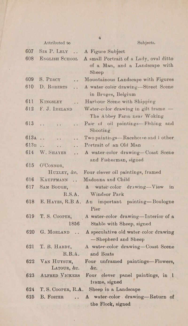 607 608 609 610 611 612 613 614 615 616 617 618 619 620 621 622 623 624 625 Attributed to Subjects. Sir P. Leny .. A Figure Subject EneuisH Scuoot A small Portrait of a Lady, oval ditto of a Man, and a Landscape with Sheep S. Percy .. Mountainous Landscape with Figures D. Roperts .. A water-color drawing—Street Scene | in Bruges, Belgium KINGSLEY ... Harbour Scene with Shipping F. J. [IRELAND Water-color drawing in gilt frame — The Abbey Farm near Woking Pair of oil paintings—Fishing and Shooting Two paintirgs— Racehorse and | other : Portrait of an Old Man W.SHAYER .. A water-color drawing—Coast Scene and Fisherman, signed O’Connor, Huxtey, &amp;e, Four clever oil paintings, framed KAUFFMANN .. Madonna and Child Sam Bovuaa, A watercolor drawing—View in R.S.A. Windsor Park EK, Hayes, R.B.A. An important painting— Boulogne Pier T. S. CoopEr, _A water-color drawing—Interior of a 1856 Stable with Sheep, signed G. MortanD .. A speculative old water-color drawing —Shepherd and Sheep T. 8. Harpy, A water-color drawing—Coast Scene R.B.A. and Boats Van Huysom, Four unframed paintings— Flowers, Latour, Xe. &amp;e. ALFRED VickERS Four clever panel paintings, in 1 | trame, signed T.S. Cooper, R.A. Sheep in a Landscape | B. Foster .. A water-color . drawing—Return of _, the Flock, signed