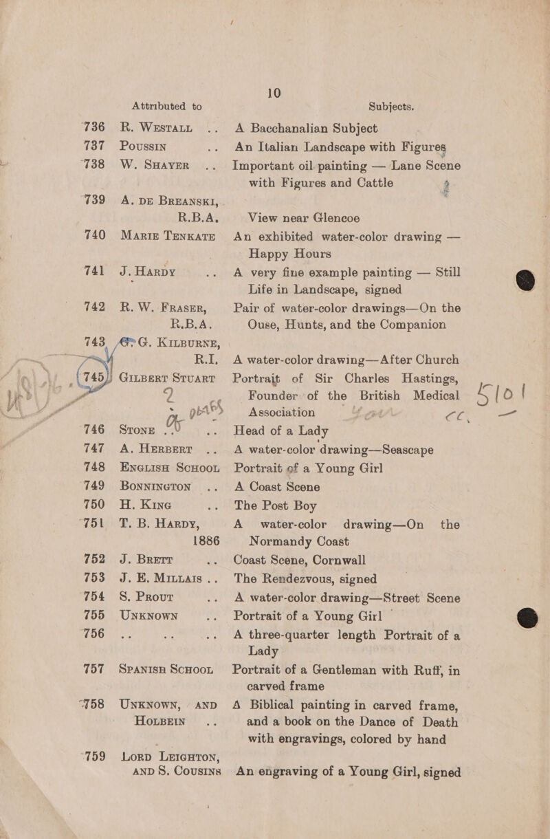 137 740  752 753 755 757 Attributed to R. WEstTaLu Poussin W. SHAYER A. DE BREANSKI, R.B.A. Maris TENKATE J. Harpy R. W. FRassr, RBA. Ge G. KILBURNE, Lake GILBERT STUART Stone ..¥ A. HERBERT ENGLISH SCHOOL BONNINGTON H. Kine T. B. Harpy, 1886 J. Bretr J. E, Mivzais .. S. Prout UNKNOWN SPANISH SCHOOL UNKNOWN, AND HOLBEIN Lorp LgrreHton, AND S, Cousins 10 Subjects. A Bacchanalian Subject An Italian Landscape with Figures Important oil. painting — Lane Scene with Figures and Cattle 4 View near Glencoe An exhibited water-color drawing — Happy Hours A very fine example painting — Still Life in Landscape, signed Pair of water-color drawings—On the Ouse, Hunts, and the Companion A water-color drawing— After Church Portrait of Sir Charles Hastings, Founder of the British Medical Head of a Lady A water-color drawing—Seascape Portrait ef a Young Girl A Coast Scene The Post Boy A water-color drawing—On _ the Normandy Coast Coast Scene, Cornwall The Rendezvous, signed A water-color drawing—Street Scene Portrait of a Young Girl © A three-quarter length Portrait of a Lady Portrait of a Gentleman with Ruff, in carved frame A Biblical painting in carved frame, and a book on the Dance of Death with engravings, colored by hand An engraving of a Young Girl, signed  Elo | —_— 