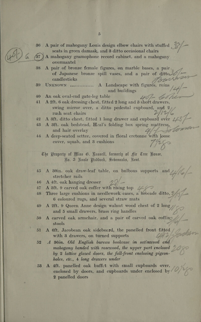 36 A pair of mahogany Louis design elbow chairs with stuffed | 0/7 — seats in green damask, and 3 ditto occasional chairs Bee 87 A mahogany gramophone record cabinet, and a mahogany overmantel 38 A pair of bronze female figures, on marble bases, a pair, _+ of Japanese bronze spill vases, and a pair of Sa , pie candlesticks 4 Tit ae oer SO UNKNOWN 4) tease. cis... A Landscape with figures, ruins ys ’ fe and buildings eas 40 An oak oval-end gate-leg table ey eg lee eae 41 &lt;A 2ft. 6 oak dressing chest, fitted 2 long and 3 shoft drawers. cae mirror over, a ditto pedestal cupboard, and 2 ush seat chairs Y j ay eo 4 42 A at ditto chest, fitted 1 long drawer and cupboard over £45 4 43 &lt;A 3ft. oak bedstead, Heal’s folding box spring mattress, | and hair overlay — {bf -f_—-e G9 ee 44 A deep-seated settee, covered in floral cretonne Sith oes ret? of cover, squab, and 3 cushions Vig V4. C-&gt; / /) { J Che ya ‘i atliss 6. Russell, formerly of Hiv Tree House, . 3 Rnole Paddock, Sebenouks, Rent. a 45 A 80in. oak draw-leaf table, on bulbous supports - and stretcher rails , 46 &lt;A 4ft. oak hanging dresser Zs 4/. a 47 &lt;A 38ft. 9 carved oak coffer with rising top see’? fae 48 Three large cushions in needlework cases, a brocade ditto, Z Gk» 6 coloured rugs, and several straw mats ast NY 49 &lt;A 2ft. 9 Queen Anne design walnut wood chest of 2 long, ts, 50 A carved oak armchair, and a pair of carved oak coffine te stools oy 51 A 6ft. Jacobean oak sideboard, the panelled front fitted ~~ Y en with 3 drawers, on turned supports let | Saya ee 52 A 36in. Old English bureau bookcase in satinwood and mahogany banded with rosewood, the upper part enclosed * — . by 2 lattice glazed doors, the fall-front enclosing pigeon- holes, etc., 4 long drawers under 58 A 4ft. panelled oak buffct with small cupboards over, enclosed by doors, and cupboards HEE enclosed by’ “ 2 panelled doors 