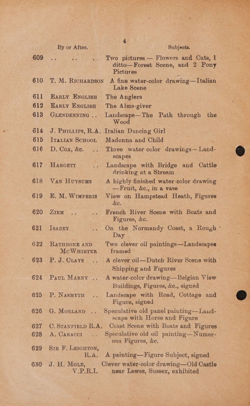 609 610 611 612 614 615 617 618 619 620 621 622 623 624 625 626 627 628 629 630 EARLY ENGLISH Earry ENGiisu GLENDENNING . J. Puiiures, R.A. ITALIAN ScHooL HARGErr Van Huysums KE. M. WIMPERIS: ZIEM RATHBONE AND McWHIRTER P. J. Cuays Paut Marny... P. NasMytTH G. MornanpD Pictures Lake Scene The Anglers The Alms-giver Landscape—The Path through the W ood Italian Dancing Girl Madonna and Child . s Landscape with Bridge and Cattle drinking at a Stream A highly finished water-color drawing —Fruit, &amp;c., in a vase . &amp;e. French River Scene with Boats and Figures, &amp;. Day Two clever oil eee et Tere framed A clever oil—Dutch River Scene with Shipping and Figures A water-color drawing—Belgian View Buildings, Figures, &amp;., signed Figure, signed Speculative old panel perce teas scape with Horse and Figure A, CARACCI Sir F, LEIGHTON, R.A. J. H. Motz, V.P.R.I. Speculative old oil painting—Numer- ous Figures, &amp;e. A painting—Figure Subject, signed near Lewes, Sussex, exhibited 