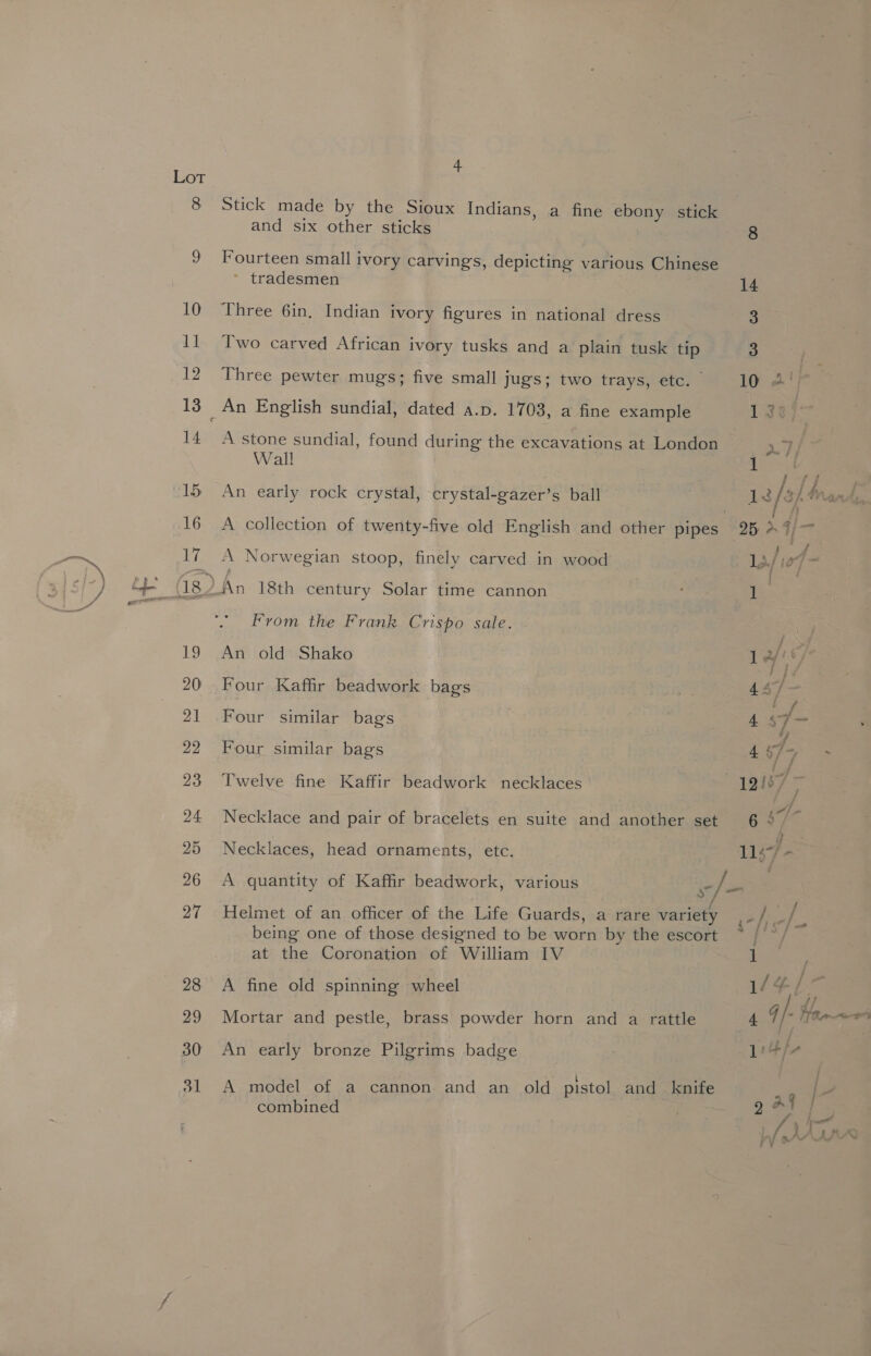 Lor 8 Stick made by the Sioux Indians, a fine ebony stick and six other sticks 9 Fourteen small ivory carvings, depicting various Chinese ' tradesmen 10 Three 6in, Indian ivory figures in national dress 11 Two carved African ivory tusks and a plain tusk tip 12 Three pewter mugs; five small jugs; two trays, etc. © 13 _An English sundial, dated a.p. 1703, a fine example 14 &lt;A stone sundial, found during the excavations at London Wall 15 An early rock crystal, crystal-gazer’s ball 17 A Norwegian stoop, finely carved in wood From the Frank Crispo sale. 19 An old Shako 20 Four Kaffr beadwork bags 21 Four similar bags 22 Four similar bags 23 Twelve fine Kaffir beadwork necklaces 24 Necklace and pair of bracelets en suite and another set 25 Necklaces, head ornaments, etc. 26 A quantity of Kaffir beadwork, various 27 Helmet of an officer of the Life Guards, a rare variety being one of those designed to be worn by the escort at the Coronation of William IV 28 &lt;A fine old spinning wheel 29 Mortar and pestle, brass powder horn and a rattle 30 An early bronze Pilgrims badge 31 A model of a cannon and an old pistol and knife combined