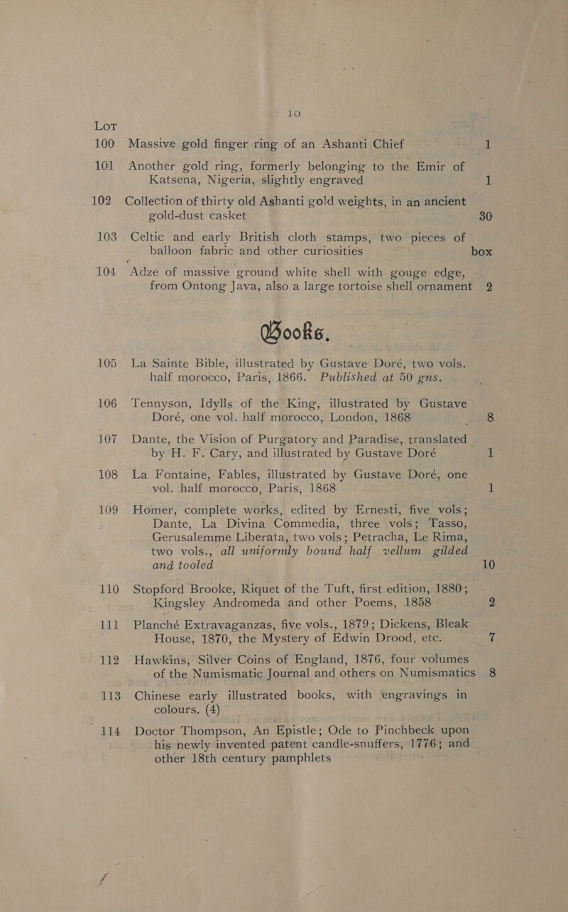 LPO: LoT 100 Massive gold finger ring of an Ashanti Chief | 1 101 Another gold ring, formerly belonging to the Emir of Katsena, Nigeria, slightly engraved 1 102 Collection of thirty old Ashanti gold weights, in an ancient gold-dust casket 30 103 Celtic and early British cloth stamps, two pieces of balloon fabric and other curiosities box 104 Adze of massive ground white shell with gouge edge, from Ontong Java, also a large tortoise shell ornament 2 Books. 105 La Sainte Bible, illustrated by Gustave Doré, two vols. half morocco, Paris, 1866. Published at 50 gns. 106 Tennyson, Idylls of the King, illustrated by Gustave Doré, one vol. half morocco, London, 1868 Bes 107 Dante, the Vision of Purgatory and Paradise, translated by H. F. Cary, and illustrated by Gustave Doré 1 108 La Fontaine, Fables, illustrated by Gustave Doré, one vol. half morocco, Paris, 1868 1 109 Homer, complete works, edited by Ernesti, five vols; Dante, La Divina Commedia, three vols; Tasso, Gerusalemme Liberata, two vols; Petracha, Le Rima, two vols., all untformly bound half vellum _ gilded and tooled 10 110 Stopford Brooke, Riquet of the Tuft, first edition, 1880; Kingsley Andromeda and other Poems, 1858 2 111 Planché Extravaganzas, five vols., 1879; Dickens, Bleak House, 1870, the Mystery of Edwin Drood, etc. 7 112 Hawkins, Silver Coins of England, 1876, four volumes of the Numismatic Journal and others on Numismatics 8 113. Chinese early illustrated books, with ‘engravings in colours. (4) 114 Doctor Thompson, An Epistle ; Ode to Pinchbeck upon his newly invented patent candle-snuffers, 1776; and other 18th century pamphlets
