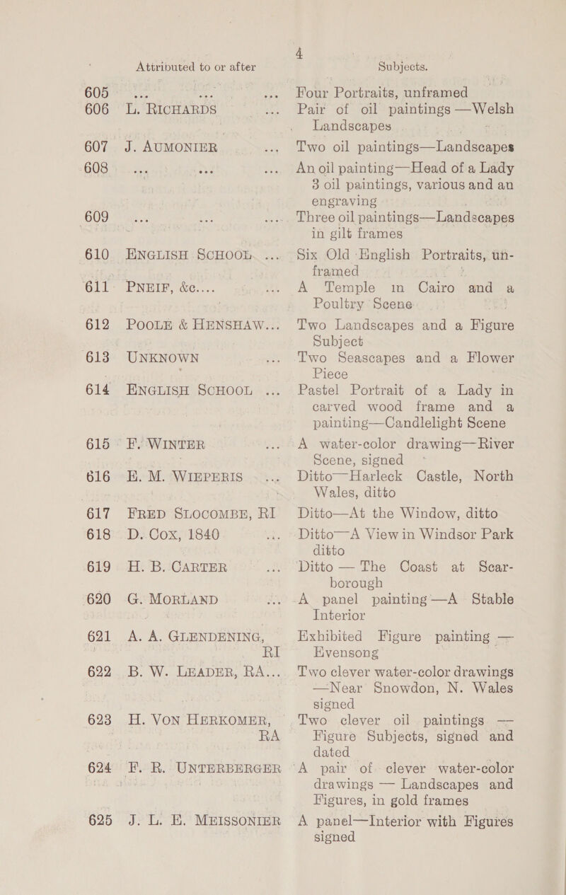 606 607 608 609 610 612 613 614 615 616 617 618 619 620 621 622 624 625 Attributed to or after LL. RICHARDS J. AUMONIER ENGLISH SCHOOL PooLE &amp; HENSHAW... UNKNOWN ENGLISH SCHOOL F, WINTER B. M. WIEPERIS FRED SLOCOMBE, RI D. Cox, 1840 H. B. CARTER G. MORLAND - A GLENDENING, RI B. W. LEADER, RA... H. VON HERKOMER, RA a as MBISSONIER 4 Subjects. Hore Pare unframed Pair of oil paintings ROtike Ss: Landscapes | Two oil ouitee tan ene An oil painting—Head of a Lady 8 oil paintings, various and an engraving Three oil rinintiGees Line aeleen in gilt frames Six Old ‘English Portraits, un- framed A Temple in Cairo and a Poultry Scene Two Landscapes and a Higake Subject Two Seascapes and a Flower Piece Pastel Portrait of a Lady in carved wood frame and a painting-—Candlelight Scene A water-color drawing—River Scene, signed Ditto—Harleck Castle, North Wales, ditto Ditto—At the Window, ditto Ditto——-A View in Windsor Park ditto borough Interior Exhibited Figure painting — Evensong we Two clever water-color drawings —Near Snowdon, N. Wales signed paintings. — Figure Subjects, signed and dated — Ba of. clever water-color drawings — Landscapes and Figures, in gold frames A panel—Interior with Figures signed
