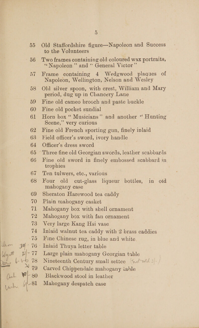 55 56 57 58 59 60 61 62 63 64 65 66 67 68 69 70 7 72 73 74 75 ~ 3° 76 i H 77 , bd 78 79 ob 4 -81 5 Old Staffordshire figure—Napoleon and Success | to the Volunteers Two frames containing old coloured wax portraits, ‘‘Napoleon ” and “ General Victor” Frame containing 4 Wedgwood plaques of Napoleon, Wellington, Nelson and Wesley Old silver spoon, with crest, William and Mary period, dug up in Chancery Lane Fine old cameo brooch and paste buckle Fine old pocket sundial Horn box ‘“ Musicians’’ and another ‘“‘ Hunting Scene,’ very curious Fine old French sporting gun, finely inlaid Field officer’s sword, ivory handle Officer's dress sword Fine old sword in finely embossed scabbard in trophies Ten tulwers, etc., various Four old cut-glass liqueur bottles, in otd mahogany case Sheraton Harewood tea caddy Plain mahogany casket Mahogany box with shell ornament Mahogany box with fan ornament Very large Kang Hsi vase Iniaid walnut tea caddy with 2 brass caddies Fine Chinese rug, in blue and white, Inlaid Thuya letter table Large plain mahogany Georgian table Nineteenth Century small settee (nul 3) Carved Chippendale mahogany tahle Blackwood stool in leather Mahogany despatch case