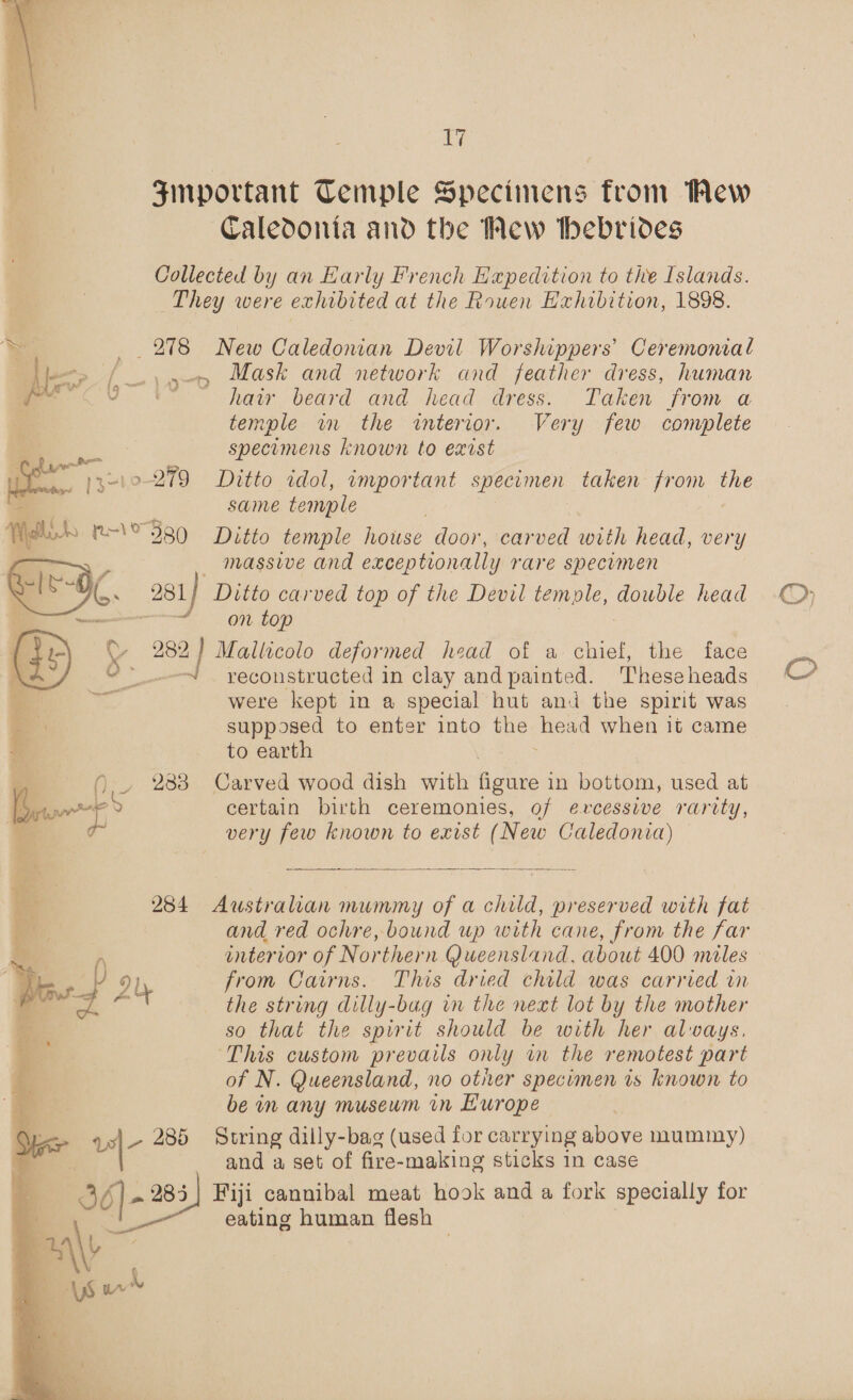 Fmportant Temple Specimens from Hew Caledonia and the Mew Ibebridves Collected by an Early French Hapedition to the Islands. They were exhibited at the Rowen Exhibition, 1898. ~ Mask and network and feather dress, human hair beard and head dress. Taken from a temple in the interior. Very few conrplete specimens known to exist Py | same temple “OC, es } Lon, iv ee Y Ls a ; q~ massive and exceptionally rare specumen 281) Ditto carved top of the Devil temple, aaa head ~- -on top 282} Mallicolo deformed head of a chiel, the face -‘ recoustructed in clay and painted. These heads were kept in a special hut and the spirit was supposed to enter into the oe when 1t came to earth 233 Carved wood dish with figure j in bottom, used at certain birth ceremonies, of excessive rarity, very few known to exist (New Caledonia)  284 Australian mummy of a child, preserved with fat and red ochre, bound up with cane, from the far interior of Northern Queensland, about 400 miles from Cairns. This dried child was carried in the string dilly-bag in the next lot by the mother so that the spirit should be with her alvays. This custom prevails only in the remotest part of N. Queensland, no other specimen is known to be in any musewm in Lurope Oe 13 “ \ \ and a set of fire- making sticks in case 283} Fiji cannibal meat hook and a fork specially for eating human flesh ©