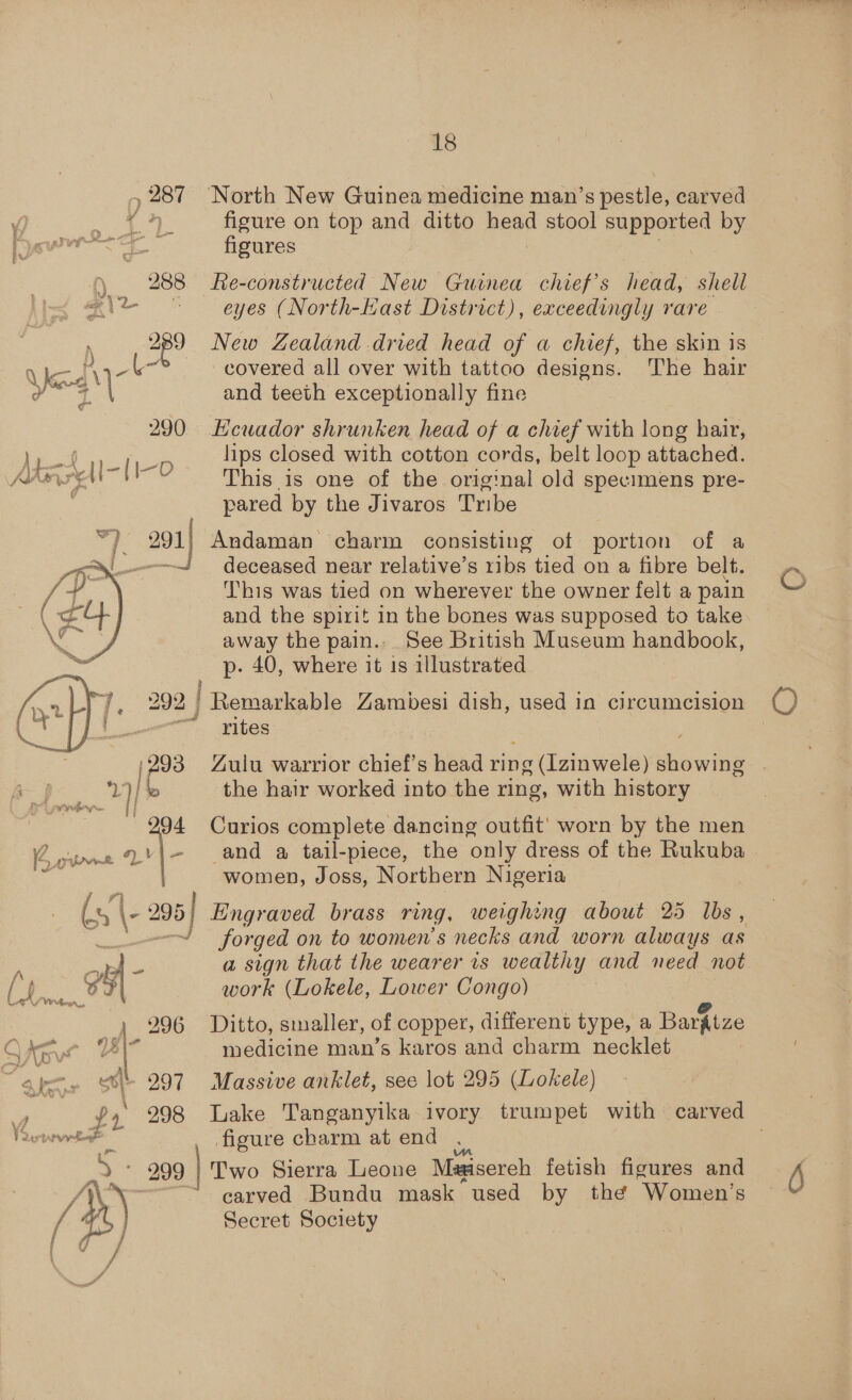 , 287 North New Guinea medicine man’s pestle, carved aS figure on top and ditto head stool peasd sh ac by wr a Z . figures ) 288 Re-constructed New Guinea chief's head, shell eit ~ eyes (North-Hast District), exceedingly rare 289 New Zealand dried head of a chief, the skin is Wes F ae? covered all over with tattoo designs. The hair Ves \ and teeth exceptionally fine 290 Hcuador shrunken head of a chief with long hair, ts f hips closed with cotton cords, belt loop attached. Ass AAI=[h-D This is one of the original old specimens pre- pared by the Jivaros Tribe 2a1| Andaman charm consisting of portion of a _ deceased near relative’s ribs tied on a fibre belt. This was tied on wherever the owner felt a pain and the spirit in the bones was supposed to take away the pain.. See British Museum handbook, p- 40, where it ts illustrated  Dt Ty. 22 JL cercoidla tte Zambesi dish, used in circumcision ; aan ee rites :293 Zulu warrior chief's head ring (Izinwele) ee 1/ the hair worked into the ring, with history - and a tail-piece, the only dress of the Rukuba women, Joss, Northern Nigeria /, . 2 » AT 7) | Curios complete dancing outfit’ worn by the men i! bs \- poke Engraved brass ring, weighing about 25 lbs, ~ forged on to women’s necks and worn always as a sign that the wearer is wealthy and need not oa gi- work (Lokele, Lower Congo) 296 Ditto, smaller, of copper, different type, a Baxftze yr B i medicine man’s karos and charm necklet Vee st 297 Massive anklet, see lot 295 (Lokele) ft 298 ake Tanganyika ivory trumpet with carved © dahil figure charm at end es 299 ieee Sierra Leone Marisereh fetish ficures and “\ ~ carved Bundu mask’ used by the “Women’s a ] Secret Society ae fh
