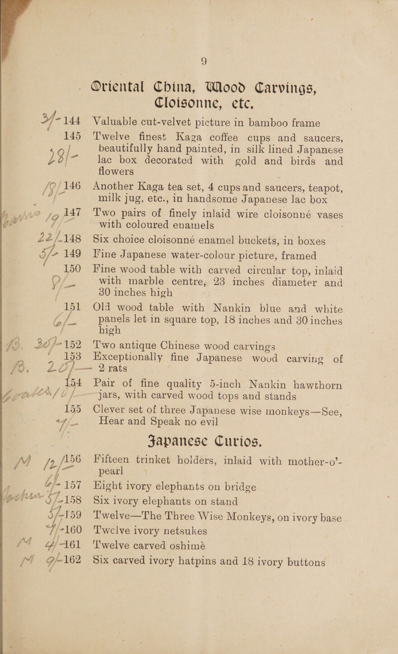 Oriental China, Wood Carvings, Cloisonne, etc, 3f- 144 Valuable cut-velvet picture in bamboo frame ' 145 Twelve finest Kaga coffee cups and saucers, } beautifully hand painted, in silk lined Japanese L3/- lac box decorated with gold and birds and flowers / /?} 146 Another Kaga tea set, 4 cups and saucers, teapot, ie i milk jug, ete., in handsome Japanese lac box , AAT Two pairs of sails inlaid wire cloisonné vases with coloured enamels £2, 2/148 Six choice cloisonné enamel buckets, in boxes $/+ 149 Tine Japanese water-colour picture, framed ( 150 Fine wood table with carved circular top, iniaid ?/ with marble centre, 23 inches diameter and 30 inches high . il Old wood table with Nankin blue and white ss fp . panels let in square top, 18 inches and 80 inches high 365/- 152 Two antique Chinese wood carvings 153 Exceptionally fine Japenes: wood carving of é f Z2O}/- — 2 rats oa {54 Pair of fine quality 5-inch Nankin hawthorn L/L /---—jars, with carved wood tops and stands 155 Clever set of three Japanese wise monkeys—See, -¢/.. Hear and Speak no evil : Japanese Curios. NM BE A 56 Fifteen trinket holders, inlaid with mother-o’- | pearl Gf 157 Hight ivory elephants on bridge ish C158 Six ivory elephants on stand 5) 7159 Twelve—The Three Wise Monkeys, on ivory base 7 160 Twelve ivory netsukes 44/61 Twelve carved oshimeé 4 @/-162 Six carved ivory hatpins and 18 ivory buttons rw) es y