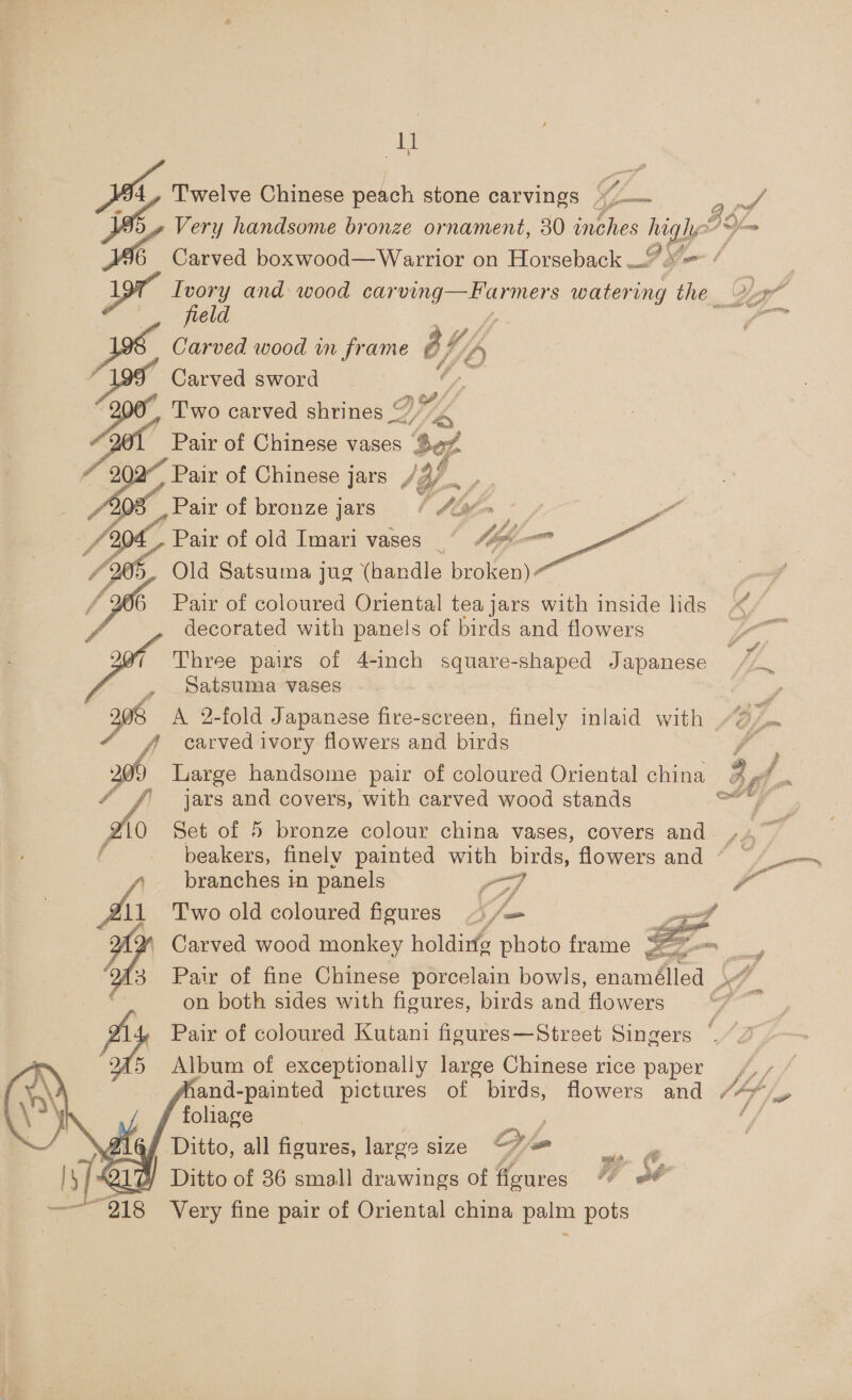 os pe a te ™, 0% . %, + ‘i ff =<    Ef ‘ Twelve Chinese peach stone carvings ~~~ P 2 Se: . AO” Very handsome bronze ornament, 30 inches highe’~-- Carved boxwood—Wazrrior on Horseback 9. = ‘ | Ivory and wood carving—Farmers watering the 29 fie ld i), Y ae AY) Carved wood in frame B Vl) Carved sword ao : AAS Two carved shrines “4 Pair of Chinese vases | op Pair of Chinese jars sy Pair of bronze jars = Aa | . r « Js Pair of old Imari vases ©“ ##@-— Old Satsuma jug (handle broken) Pair of coloured Oriental tea jars with inside lids decorated with panels of birds and flowers Fa - . Three pairs of 4-inch square-shaped Japanese v/s Satsuma vases / A 2-fold Japanese fire-screen, finely inlaid with VF carved ivory flowers and birds f Large handsome pair of coloured Oriental china 2 , / = jars and covers, with carved wood stands ot! Ya ete Set of 5 bronze colour china vases, covers and» beakers, finely painted with birds, flowers and © ~/ | branches in panels Co ae Two old coloured figures ~) Te Carved wood monkey holdin photo frame S Z ~ Pair of fine Chinese porcelain bowls, enamélled . SF. on both sides with figures, birds and flowers “7% Pair of coloured Kutani figures—Street Singers ° Album of exceptionally large Chinese rice paper 4 “ and-painted pictures of birds, flowers and /““*., foliage ‘/ Ditto, all figures, large size FA - ag Ditto of 36 small drawings of figures“ St Very fine pair of Oriental china palm pots  