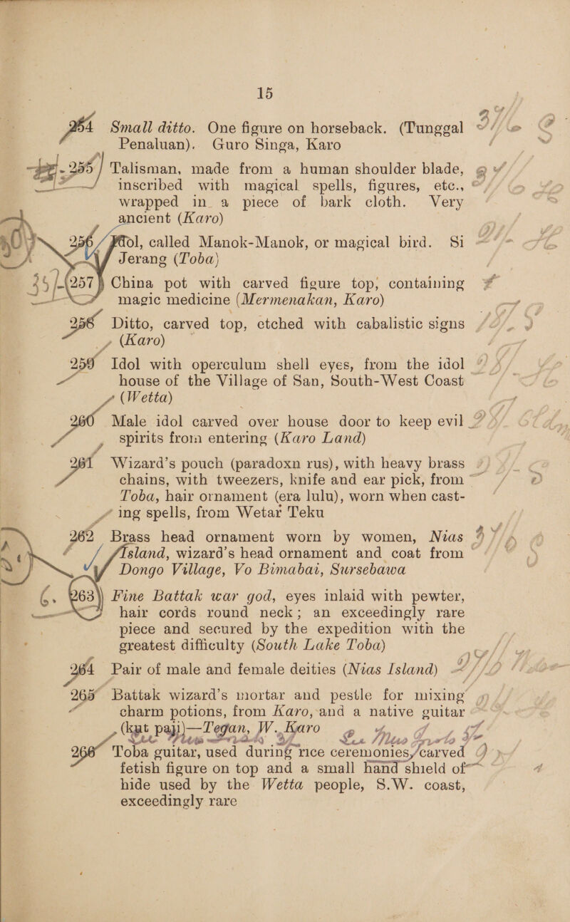 pe Small ditto. One figure on horseback. (Tunggal Penaluan). Guro Singa, Karo rp 255 Talisman, made from a human shoulder blade, E> wrapped in a piece of bark cloth. Very i _ ancient (Karo)    Jerang (Toba)  35H: 257) China pot with carved figure top, containing +A” magic medicine (Mermenakan, Karo) Ditto, carved top, etched with cabalistic signs > tKhGro) i 261 Wizard’s pouch (paradoxn rus), with heavy brass Toba, hair ornament (era lulu), worn when cast- * ing spells, from Wetar Teku Dongo Village, Vo Bimabat, Sursebawa   63 Fine Battak war god, eyes inlaid with pewter, hair cords round neck; an exceedingly rare piece and secured by the expedition with the greatest difficulty (South Lake Toba) fetish figure on top and a small hand shield o hide used by the Wetta people, S.W. coast, exceedingly rare