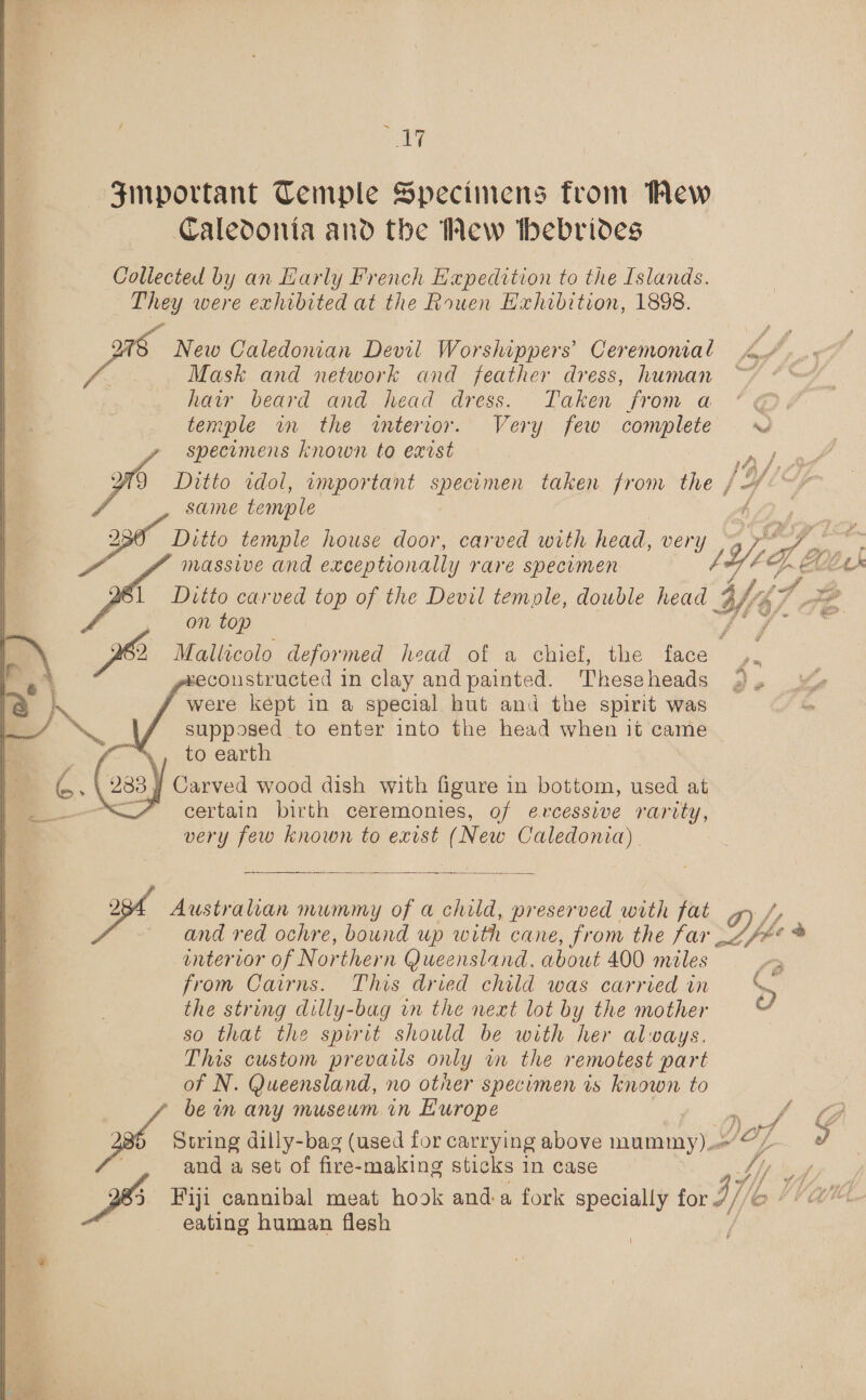 AF Fimportant Temple Specimens from Rew Caledonia and the Mew bebridves Collected by an Karly French Expedition to the Islands. They were exhibited at the Rouen Hxhibition, 1898. New Caledonian Devil Worshippers’ Ceremonal 4.4 >. Mask and network and feather dress, human ~Y ¢ %< hair beard and head dress. Taken from a *@. temple wm the iterior. Very few complete specimens known to exist YI9 Ditto idol, important specimen taken from the ; ff same temple Ditto temple house door, carved with head, very ops massive and exceptionally rare specumen LY¢ 4 LO 61 Ditto carved top of the Devil temple, dowble head WY qf LP | on top ff \ 2 Mallicolo deformed head of a chief, the face ,. 7 ceconstructed in clay and painted. Theseheads were kept in a special hut and the spirit was supposed to enter into the head when it came to earth 283) Carved wood dish with figure 1 in bottom, used at certain birth ceremonies, of excessive rarity, very few known to exist (New Caledonia) .  en 3 “ Se  Fas Australian mummy of a child, preserved with fat — and red ochre, bound up with cane, from the far Yor untervor of N orthern Queensland, about 400 males 1 from Cairns. This dried child was carried in- 5 the string dilly-bag in the next lot by the mother so that the spirit should be with her always. This custom prevails only m the remotest part of N. Queensland, no other specimen is known to be wm any museum in Hurope arg ph String dilly-bag (used for carrying above mummy f- g and a set of fire-making sticks in case fy pa Fiji cannibal meat hook and-a fork specially for i] lo Vine eating human flesh