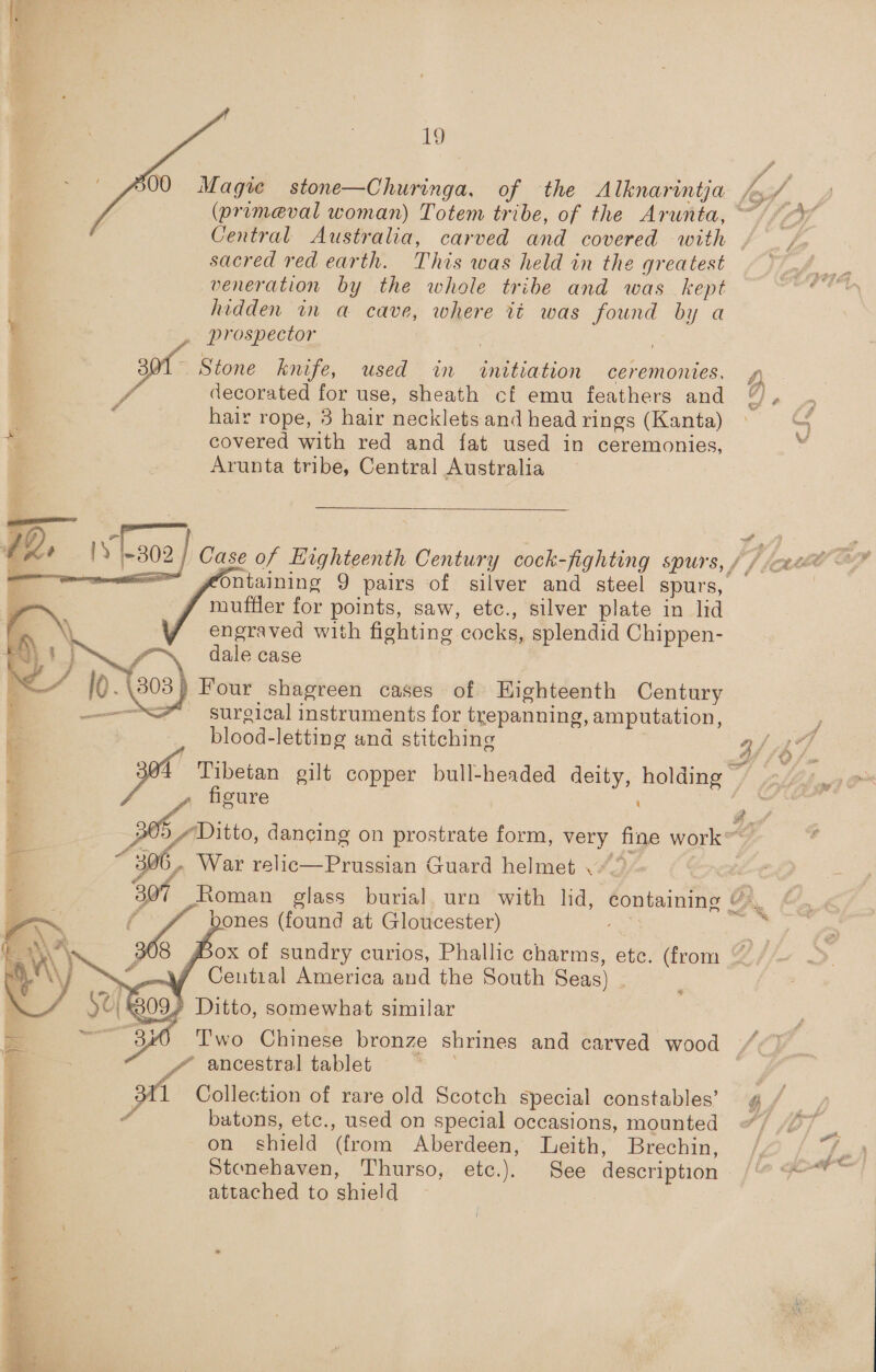  j (primeval woman) Totem tribe, of the Arunta, , Central Australia, carved and covered with sacred red earth. This was held in the greatest veneration by the whole tribe and was kept hidden in a cave, where it was found by a _ prospector Stone knife, used in initiation ceremonies. Sf decorated for use, sheath cf emu feathers and hair rope, 3 hair necklets and head rings (Kanta) covered with red and fat used in ceremonies, Arunta tribe, Central Australia  Ontaining 9 pairs of silver and steel spurs, muffler for points, saw, etc., silver plate in lid \\ engraved with fighting cocks, splendid Chippen- i> / > dale case j j ld. 303) Four shagreen cases of Highteenth Century —_—__< surgical instruments for trepanning, amputation, blood-letting and stitching | . figure ~ 306, War relic—Prussian Guard helmet .- 307 Roman glass burial. urn with lid, ‘containing bones (found at Gloucester)    ae Central America and the South Seas) | . 09) Ditto, somewhat similar 3x0 'T'wo Chinese bronze shrines and carved wood * ancestral tablet 3r1 Collection of rare old Scotch special constables’ a batons, etc., used on special occasions, mounted on shield (from Aberdeen, Leith, Brechin, attached to shield ape | wn ay S of fe $f 4 Lf fl JFtT Sy jf SS? £.