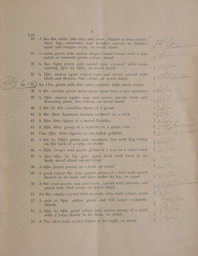  54 5 their legs entwined, and handles: carved as fungus, quail and fungus cover, on wood stand A squat green jade melon shaped water-vessel with a fine patch of emerald green colour, stand A fine light green jade seated cow, covered with mask carving, 34in. by 54in., on wood stand A 5#in. mauve agate tripod vase and cover, carved with birds and flowers, fine colour, on wood stand An 1lin. green jade disc (pie), carved, with small circles A 4in. circular green moss agate squat box, a nice specimen A 6%in. mauve agate vase and cover,.carved birds and flowering plant, fine colour, on wood stand A 3in. by 4in. carnelian figure of a goose A 4in. ditto Japanese bantam cockerel on a rock A 33in. ditto figure of a seated Buddha A 34in. ditto group of a squirrel on a grape vine Two 23in. ditto figures of fan-tailed goldfish A 6in. by 10$in. green jade ornament, boy with flag riding on the back of a carp, on stand A 74in. (long) rose quartz group of a boy on a carp’s back A nice 63in. by 7in. grey agate duck with lotus in its beak, wood stand carved lotus A 64in. jasper parrot on a rock, on stand A good colour 9in. rose quartz group of a bird with peach branch in its beak and hare under its leg, on stand A Qin. rose quartz vase and cover, carved with phoenix and peach tree, bird cover, on wood stand An 8in. smoky crystal bird on rock, very dark colour, stand A pair of 9}in. yellow, green and red jasper cockerels, stands A 54in. by 64in. good colour rose quartz group of a duck with a lotus flower in its beak, on stand A 7in. clear rock crystal figure of an eagle, on stand | Oe