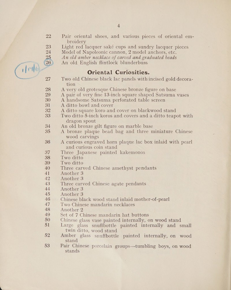 22 23 24 26 27 28 29 30 31 32 33 34 395 + Pair oriental shoes, and various pieces of oriental em- broidery Light red lacquer saké cups and sundry lacquer pieces Model of Napoleonic cannon, 2 model anchors, etc. An old amber necklace of carved and graduated beads An old English flintlock blunderbuss Oriental Curiosities. Two old Chinese black lac panels with incised gold decora- tion A very old grotesque Chinese bronze figure on base A pair of very fine 13-inch square shaped Satsuma vases A handsome Satsuma perforated table screen A ditto bowl and cover A ditto square koro and cover on blackwood stand Two ditto 5-inch koros and covers and a ditto teapot with dragon spout An old bronze gilt figure on marble base A bronze plaque bead bag and three miniature Chinese wood carvings A curious engraved horn plague lac box inlaid with pearl and curious coin stand Three Japanese painted kakemonos Two ditto Two ditto Three carved Chinese amethyst pendants Another 3 Another 3 Three carved Chinese agate pendants Another 3 Another 3 Chinese black wood stand inlaid mother-of-pearl Two Chinese mandarin necklaces Another 2 Set of 7 Chinese mandarin hat buttons Chinese glass vase painted internally, on wood stand Large glass snuffbottle painted internally and small twin ditto, wood stand stand Pair Chinese porcelain groups—tumbling boys, on wood stands