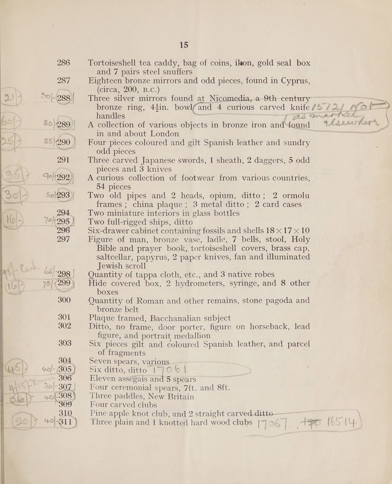 286 287 Me 291 elt292) So)293)) 294 ©)°295 | 296 aol 718[4299} 300 301 302 303 304, - (305 ) 306 -307 | Lot. 308) “309 310 15 Tortoiseshell tea caddy, bag of coins, ison, gold seal box and 7 pairs steel snuffers Eighteen bronze mirrors and odd pieces, found in Cyprus, (cireare 200; B.C.) Three silver mirrors found at Nicomedia,.a 9th century handles 1, Ges A collection of various objects in bronze iron and: found | in and about London Four pieces coloured and gilt Spanish leather and sundry odd pieces Three carved Japanese swords, 1 sheath, 2 daggers, 5 odd pieces and 3 knives A curious collection of footwear from various countries, 54 pieces Two old pipes and 2 heads, opium, ditto; 2 ormolu frames; china plaque; 3 metal ditto; 2 card cases Two miniature interiors in glass bottles Two full-rigged ships, ditto Six-drawer cabinet containing fossils and shells 18 x 17 x 10 Figure of man, bronze vase, ladle, 7 bells, stool, Holy Bible and prayer book, tortoiseshell covers, brass cap, saltcellar, papyrus, 2 paper knives, fan and illuminated Jewish scroll Quantity of tappa cloth, etc., and 3 native robes Hide covered box, 2 hydrometers, syringe, and 8 other boxes Quantity of Roman and other remains, stone pagoda and bronze belt Plaque framed, Bacchanalian subject Ditto, no frame, door porter, figure on horseback, lead figure, and portrait medallion Six pieces gilt and coloured Spanish leather, and parcel of fragments Seven spears, various Six ditto, ditto 17] 0 © | Eleven asségais and 5 spears l‘our ceremonial spears, 7ft. and 8ft. ‘Three paddles, New Britain Four carved clubs Pine apple knot club, and 2 straight carved-ditto