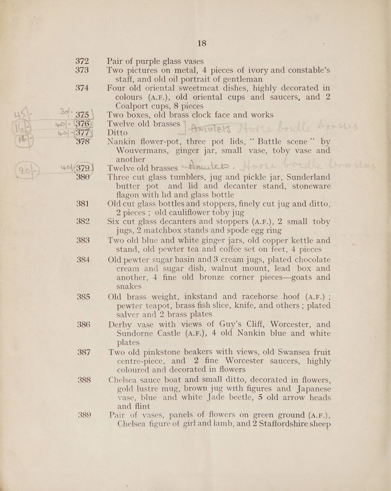 372 373 374 >| (377) 378 40/379 | 380 381 382 383 384 385 386 387 389 18 Pair of purple glass vases Two pictures on metal, 4 pieces of ivory and constable‘s staff, and old oil portrait of gentleman Four old oriental sweetmeat dishes, highly decorated in colours (A.F.), old oriental cups and saucers, and 2 Coalport cups, 8 pieces Two boxes, old brass clock face and works Twelve old brasses ] pnp Ditto thas Nankin flower-pot, three pot lids, “ Battle scene” by Wouvermans, ginger jar, small vase, toby vase and another \ ; Twelve old brasses “thule to . Three cut glass tumblers, jug and pickle jar, Sunderland butter pot and lid and decanter stand, stoneware flagon with lid and glass bottle Old cut glass bottles and stoppers, finely cut jug and ditto, 2 pieces ; old cauliflower toby jug Six cut glass decanters and stoppers (A.F.), 2 small toby jugs, 2 matchbox stands and spode egg ring Two old blue and white ginger jars, old copper kettle and stand, old pewter tea and coffee set on feet, 4 pieces Old pewter sugar basin and 3 cream jugs, plated chocolate cream and sugar dish, walnut mount, lead box and another, 4 fine old bronze corner pieces—goats and snakes Old brass weight, inkstand and racehorse hoof (A.F.) ; pewter teapot, brass fish slice, knife, and others ; plated salver and 2 brass plates Derby vase with views of Guy’s Cliff, Worcester, and Sundorne Castle (A.F.), 4 old Nankin blue and white plates Two old pinkstone beakers with views, old Swansea fruit centre-piece, and 2 fine Worcester saucers, highly coloured and decorated in flowers Chelsea sauce boat and small ditto, decorated in flowers, gold lustre mug, brown jug with figures and Japanese vase, blue and white Jade beetle, 5 old arrow heads and flint Pair of vases, panels of flowers on green ground (a.F.), Chelsea figure of girland lamb, and 2 Staffordshire sheep