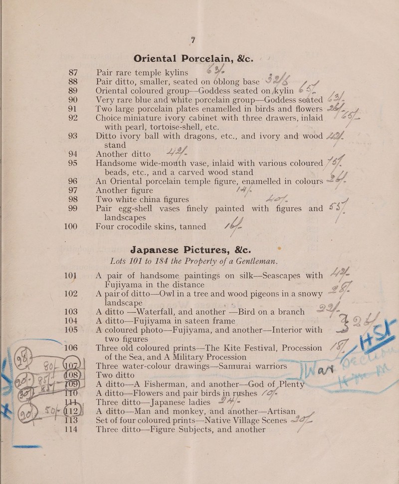 Oriental Porcelain, Nc. 87 Pair rare temple kylins o Ws aa Be 88 Pair ditto, smaller, seated on oblong base V3 89 Oriental coloured eroup—Goddess ated on, Aylin 6, tag 90 Very rare blue and white porcelain group—Goddess seated by 91 Two large porcelain plates enamelled in birds and flowers 267.2. _/ 92 Choice miniature ivory cabinet with three drawers, inlaid @2/_» with pearl, tortoise-shell, etc. 93 Ditto ivory ball with dragons, etc., and ivory and wood 42% stand | 94 Another ditto 4Y. 99 Handsome wide-mouth vase, inlaid with various coloured.” beads, etc., and a carved wood stand Sy 96 An Oriental porcelain temple figure, enamelled in colours of 5. o7 Another figure / 4 . : : : 98 Two white china figures AON, a9 Pair egg-shell vases finely painted with figures and 657 landscapes Sf 100 Four crocodile skins, tanned 4 bf. Japanese Pictures, &amp;c. ° Lots 101 to 184 the Property of a Gentleman. f 9 101 A pair of handsome paintings on silk—Seascapes with “&gt;= | Fujiyama in the distance 2G 102 A pair of ditto—Owl in a tree and wood pigeons ina snowy ~~~ ~ landscape A ditto —Waterfall, and 85 NS —Bird on a branch ks 5 ere A ditto—Fujiyama in sateen frame ~ hh 9) Be 4 A coloured photo—Fujiyama, and another—Interior with two figures Three old coloured prints—The Kite Festival, Procession of the Sea, and A Military Procession  Three water-colour drawings—Samural warriors _ ye ge Two ditto » Seeger e&gt; A ditto—A Fisherman, and another—God of “Pienth. ptt ae Me A ditto—Flowers and pair birds in rushes /&lt;- Three ditto—Japanese ladies —“*/~ A ditto—Man and monkey, and another—Artisan &gt; Set of four coloured prints—Native Village Scenes ~77~— Three ditto—Figure Subjects, and another 
