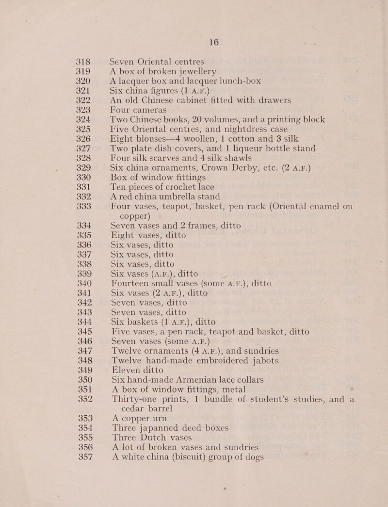 318 319 320 321 322 323 324 325 326 327 328 329 330 331 332 333 334 335 336 337 338 339 340 34] 342 343 344 345 346 347 348 349 3950 351 302 353 354 355 356 357 16 Seven Oriental centres A box of broken jewellery A lacquer box and lacquer lunch-box Six china figures (1 A.F.} An old Chinese cabinet fitted with drawers Four cameras Two Chinese books, 20 volumes, and a printing block Five Oriental centies, and nightdress case Eight blouses—4 woollen, 1 cotton and 3 silk Two plate dish covers, and 1 liqueur bottle stand Four silk scarves and 4 silk shawls Six china ornaments, Crown Derby, etc. (2 A.F.) Box of window fittings Ten pieces of crochet lace A red china umbrella stand Four vases, teapot, basket, pen rack (Oriental enamel on copper) Seven vases and 2 frames, ditto Eight vases, ditto Six vases, ditto Six vases, ditto Six vases, ditto Six vases (A.F.), ditto Fourteen small vases (some A.F.), ditto Six vases (2 A.F.), ditto Seven vases, ditto Seven vases, ditto Six baskets (1 A.F.), ditto Five vases, a pen rack, teapot and basket, ditto Seven vases (Some A.F.) Twelve ornaments (4 A.F.), and sundries Twelve hand-made embroidered jabots Eleven ditto Six hand-made Armenian lace collars A box of window fittings, metal Thirty-one prints, 1 bundle of student’s studies, and a cedar barrel A copper urn Three japanned deed boxes Three Dutch vases A lot of broken vases and sundries A white china (biscuit) group of dogs