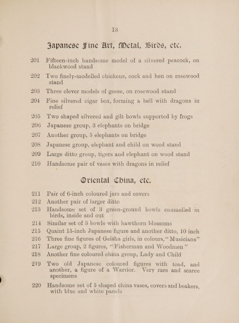 yall 212 213 214 215 216 217 218 one 220 13 japanese Fine Art, Metal, Biros, etc. Fifteen-inch handsome model of a silvered peacock, on blackwood stand Two finely-modelled chickens, cock and hen on rosewood stand Three clever models of geese, on rosewood stand Fine silvered cigar box, forming a bell with dragons in relief Two shaped silvered and gilt bowls supported by frogs Japanese group, 3 elephants on bridge Another group, 5 elephants on bridge Japanese group, elephant and child on wood stand Large ditto group, tigers and elephant on wood stand Handsome pair of vases with dragons in relief Oriental China, ete. Pair of 6-inch coloured jars and covers Handsome set of 3 green-ground bowls enamelied:in birds, inside and out Similar set of 3 bowls with hawthorn blossoms Quaint 15-inch Japanese figure and another ditto, 10 inch Three fine figures of Geisha girls, in colours, ‘‘ Musicians” Large group, 2 figures, ‘‘ Fisherman and Woodmen” Another fine coloured china group, Lady and Child Two old Japanese coloured figures with toad, and another, a figure of a Warrior. Very rare and scarce specimens Handsome set of 5 shaped china vases, covers and beakers, with blue and white panels