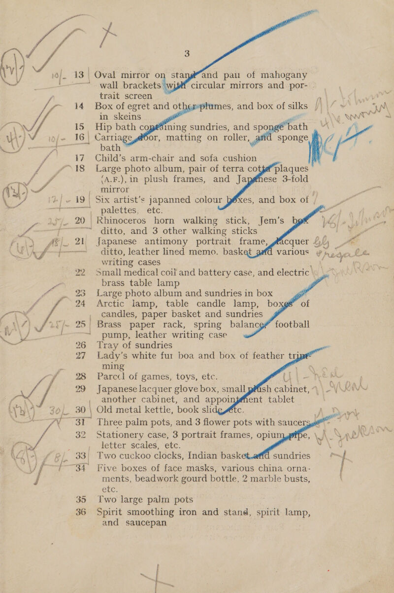   rs | 4 ] of. 13 | _ | pene 14 15 ' 16 | \ Cee / 17 f “48 uf) | or hj we AD | eee at) 1s ee, CRs Es a | A } we. men Nf ere, ya Me : 23 24 \ 7) 25 | . 4 j “ eat &lt;A 26 27 ae 28 \ y y $e) / 30 |           and pau of mahogany yl circular mirrors and por- | trait screen — | a Box of egret and o heeplumes, and box of silks | in skeins ee e Hip bath cog Ai bath | Child’s arm-chair and sofa cushion Large photo album, pair of terra co (A.F.),1n plush frames, and Ja mirror : Six artist’s japanned detodt palettes, etc. ese 3-told xes, and box of /     _Rhinoceros horn walking el Jem’s b ty i ditto, and 3 other walking sticks y : it Japanese antimony portrait, frame, gacquer Lf ee ditto, leather lined memo. basket various 53 Se a writing cases / Bis aah Small medical coil and battery case, and electric\ | ha brass table lamp Large photo album and sundries in box J Arctic lamp, table candle lamp, boxgs” candles, paper basket and sundries Brass paper rack, spring balancg pump, leather writing case | Tray of sundries Lady’s white fur boa and box of feather tr, ming Parcel of games, toys, etc. wg | eeuepcaia’ Japanese lacquer glove box, small 1 cabi a \ WW another cabinet, and appoi ) Old metal kettle, ‘book sli    F football      Slee. is etc. Two cuckoo clocks, Indian back Five boxes of face masks, various china orna- | : ments, beadwork gourd bottle, 2 marble busts, etc. Two large palm pots Spirit smoothing iron and stand, oie lamp, and saucepan a