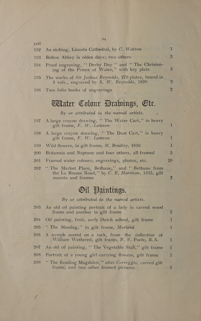 197 198 199 200 201 202 14 An etching, Lincoln Cathedral, by C. Watson Bolton Abbey in olden days; two others Proof engraving, ‘‘ Derby Day ’’ and “The Christen- ing of the Prince of Wales,’’ with key plate The works of Sir Joshua Reynolds, 270 plates, bound in 3 vols., engraved by S. W. Reynolds, 1820 Two folio books of engravings THater Colour Drawings, Cte. By or attributed to the named artists. ‘ A large crayon drawing, ‘‘ The Water Cart,’ in heavy gilt frame, Ff. W.. Lawson A large crayon drawing, ‘‘ The Dust Cart,’’ in heavy gilt frame, Ff. W. Lawson Wild flowers, in gilt frame, M. Bradley, 1810 Britannia and Neptune and four others, all framed Framed water colours, engravings, photos, etc. ‘“The Market Place, Bethune,’’ and ** Bethune from the La Bassee Road,’’ by C. E. Harrison, 1915, gilt mounts and frames Oil Iaintings. By or attributed to the named artists. An old oil painting portrait of a lady in carved wood frame and another in gilt frame Oil painting, fruit, early Dutch school, gilt frame ‘“ The Meeting,’’ in gilt frame, Morland — A nymph seated on a rock, from the collection of William Wethered; gilt.frame, P. F. Poole, .R.A. An old oil painting, ‘‘ The Vegetable Stall,” gilt frame Portrait of a young girl carrying flowers, gilt frame ‘“ The Reading Magdalen,’’ after Correggio, carved gilt frame, and two other framed pictures