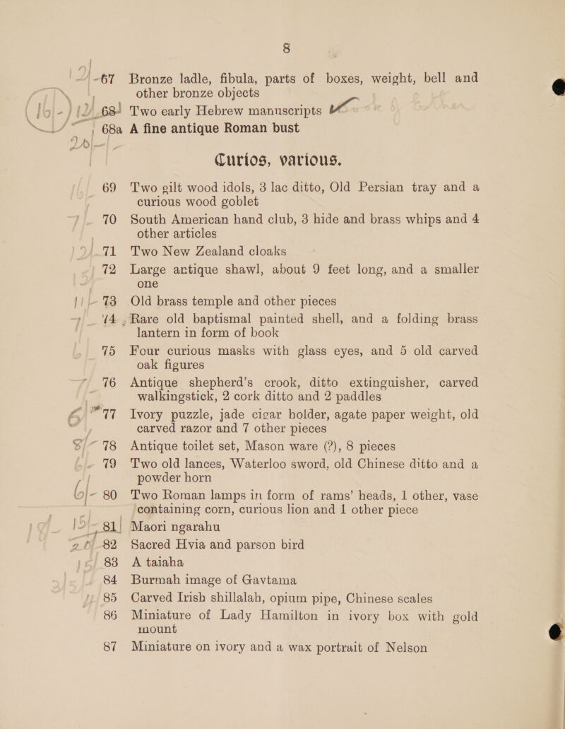 j ry) | LY 67 \ 8 Bronze ladle, fibula, parts of boxes, weight, bell and other bronze objects C 2A \— 69 (i) 76 1-78 79 og 4 |- 80 i 2b) -82 83 84 85 86 87 Curios, various. Two gilt wood idols, 8 lac ditto, Old Persian tray and a curious wood goblet South American hand club, 3 hide and brass whips and 4 other articles Two New Zealand cloaks Large antique shawl, about 9 feet long, and a smaller one Old brass temple and other pieces lantern in form of book Four curious masks with glass eyes, and 5 old carved oak figures } Antique shepherd’s crook, ditto extinguisher, carved walkingstick, 2 cork ditto and 2 paddles Ivory puzzle, jade cigar holder, agate paper weight, old carved razor and 7 other pieces Antique toilet set, Mason ware (?), 8 pieces Two old lances, Waterloo sword, old Chinese ditto and a powder horn Two Roman lamps in form of rams’ heads, 1 other, vase containing corn, curious lion and 1 other piece Maori ngarahu Sacred Hvia and parson bird A taiaha Burmah image of Gavtama Carved Irish shillalah, opium pipe, Chinese scales Miniature of Lady Hamilton in ivory box with gold mount Miniature on ivory and a wax portrait of Nelson