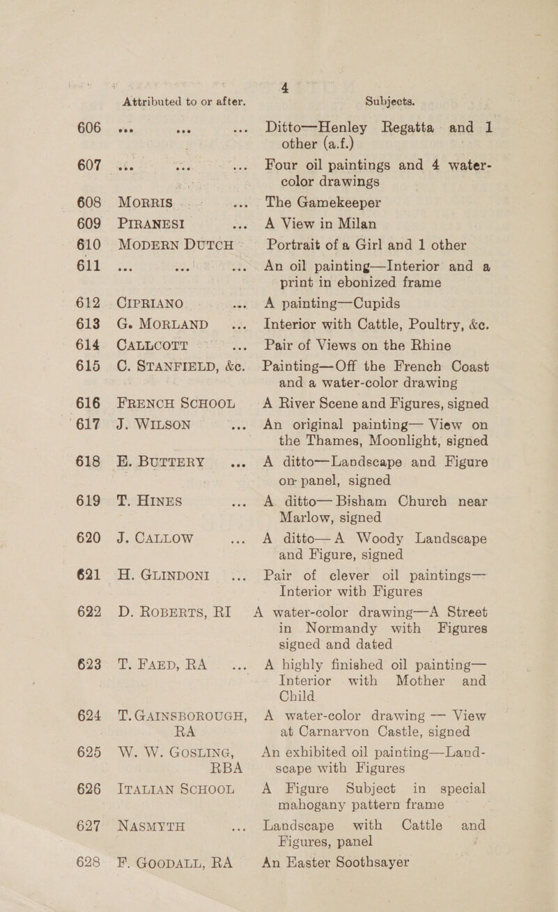 606 eee 607... — 608 Morris - oye 609 PIRANESI 610 MODERN DUTCH 611 Tee ae 612 CIPRIANO 613 G. MORLAND 614 CALLCOTT 615 OC. STANFIELD, &amp;c. 616 FRENCH SCHOOL -' 617. +J. WILSON 618 E. BUTTERY 619 T. HINES 620 J. CALLOW 621 H. GLINDONI 622 D. RoBERTS, RI 623° 1) AED; RA 624 T.GAINSBOROUGH, RA 625 W. W. GOSLING, RBA 626 ITALIAN SCHOOL 627 NASMYTH 628 F. GOODALL, RA 4 Subjects. Ditto—Henley Regatta and 8 other (a.f.) . Four oil paintings and 4 water- color drawings A View in Milan Portrait of a Girl and 1 other print in ebonized frame A painting—Cupids Interior with Cattle, Poultry, &amp;e. Pair of Views on the Rhine Painting—Off the French Coast and a water-color drawing A River Scene and Figures, signed An original painting— View on the Thames, Moonlight, signed A ditto—Landscape and Figure on panel, signed A ditto— Bisham Church near Marlow, signed A ditto— A Woody Landscape and Figure, signed Pair of clever oil paintings— Interior with Figures in Normandy with Figures signed and dated A highly finished oil painting— Interior with Mother and Child A water-color drawing — View at Carnarvon Castle, signed An exhibited oil painting—Land- scape with Figures A Figure Subject in special mahogany pattern frame Landscape with Cattle Figures, panel An Easter Soothsayer and
