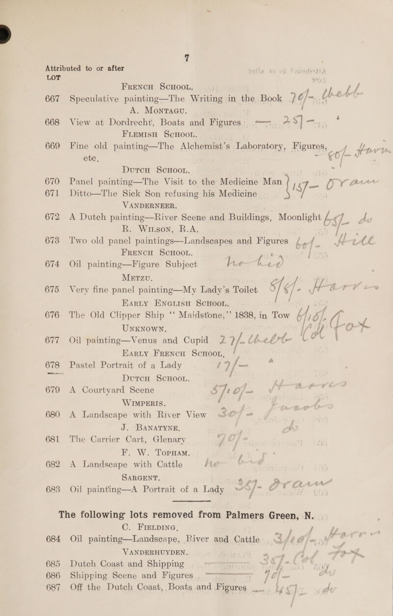  Attributed to or after } ere LOT ee FRENCH SCHOOL, ee, / 667 Speculative painting—The ieee in the Book 2¢- = &amp; A. Montaau. | = 668 View at Dordrecht, Boats and Figures» ere * Ss] ms : FLEMISH ScHOOL. etc. , atl ‘0, a aft DurcH ScHoon. at en ; 670 Panel painting—The Visit to the Medicine ey Oo \ Gt 671 Ditto—The Sick Son refusing his Medicine at ¥ VANDERNEER. 672 A Dutch painting—River Scene and Buildings, Mocalattib ff y! R. Wiison, B.A. cGy ee 673 Two old panel paintings—Landscapes and Bivares Ln | My 2A. FRENCH SCHOOL. : TR Ee OT 674 Oil paintine—Figure Subject bee Merzu. ; 675 Very fine panel painting—My le $s Toilet ¢-. - - oT Farty Eneuisa ScHoon. a 676 The Old Clipper Ship ‘“ Maidstone,’’ 1888, in Tow 6/7) 4/, . 7 F UNKNOWN, lp dp 4-O-f 677 Oil painting—Venus and Cupid i. i. rors ' HARLY FRENcH ScHooL, ?, 678 Pastel Portrait of a Lady ? i/- a. DUTCH. SCHOGL., — es 679 A Courtvard Scene S71 Oo] : WIMPERIS. E j 680 A Landscape with River View J. BANATYNE. 681 The Carrier Cart, Glenary F. W. TopHam. 682 A Landscape with Cattle été SARGENT. ore e se ; 683 Oil painting—A Portrait of a Tage wos diPce The following lots removed from Palmers Green, N.. . C. FIevpIne, : 684 Oil painting—Landsecape, River and. Cattle a f OF fm 5, j , VANDERHUYDEN. eee ee ge as mh 685 Dutch Coast and Shipping = Sf cron 686 Shipping Scene and Figures. “Fe 7 OT o 687 Off the Dutch Coast, Boats and Figures. eo Ties