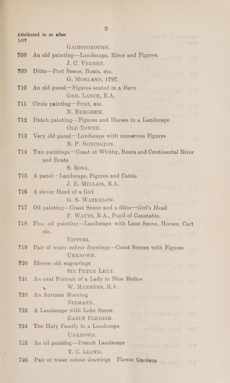 708 109 710 712 713 714 715 716 T17 718 719 720 721 723 724 125 726 GAINSBOROUGH. An old painting—Landscape, River ang Figures J, C. VERNET. Ditto—Port Scene, Boats, etc. | G. MORLAND, 1797. An old panel—Figures seated in a Barn GEO. LANCE, R.A. Circle painting—Fruit, ete. N. BERGHEM. Dutch painting—Figures and Horses in a Landscape OLD TOWNE. ae Very old panel—Landscape with numerous Figures R. P. BONINGTON. | ee Two paintings—-Coast at Whitby, Boats and.Continental River and Boats S. Rosa. A panel-- Landscape, Figures and Cattle J. H. MILuals, R.A. A clever Head of a Girl G. 8. WATERLOW. Rt ia Oil painting—Coast Scene and a ditto—Girl’s Head F. Watts, R.A., Pupil of Constable. _ a Fine oil painting—lLandscape with Lane Scene, Horses, Cart | etc. VIPPORI. Pair of water colour drawings —Coast Scenes with Figures UNKNOWN. a Eleven old engravings Sin PETER LELY. An oval Portrait of a Lady in Blue Bodice ~ W. MANNERS, B.A. An Autumn Morning NIEMANN. A Landscape with Lake Scene EARLY FLEMISH. The Holy Family in a Landscape UNKNOWN. An oil painting—HTrench Landscape YT... Laoyn., , Pair of water colour drawings L'lower Gardens
