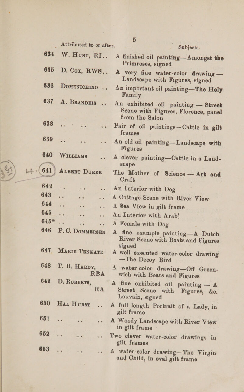 636 DomenrIcHiNO 637 A. BRANDEIS 638 639 640 WILLIAMS ) 14 (641) ALBERT DuRER fp Rac eealaeee 644 645... 645* 649 D. Rossrts, 650 Hat Hurst 651 652 653 RA 5 Subjects. A finished oil painting— Amongst the Primroses, signed A very fine water-color drawing — Landscape with Figures, signed An important oil painting—The Hely Family An exhibited oil painting — Street Scene with Figures, Florence, panel from the Salon Pair of oil paintings—Cattle in gilt frames An old oil Eee eee with Figures A clever painting —Onttle i in a Land- scape The Mother of Science — Art and Craft An Interior with Dog A Cottage Scene with River View A Sea View in gilt frame An Interior with Arab‘ A Female with Dog A fine example Panes Dutch River Scene with Boats and Figures signed A well executed water-color drawing —The Decoy Bird A water color drawing—Off Green- wich with Boats and Figures A fine exhibited oil painting — A Street Scene with Figures, de, Louvain, signed A full length Portrait of a Lady, in gilt frame A Woody Landscape with River View in gilt frame — Two clever water-color drawings in gilt frames A water-color drawing—The Virgin aud Child, in oval gilt frame te