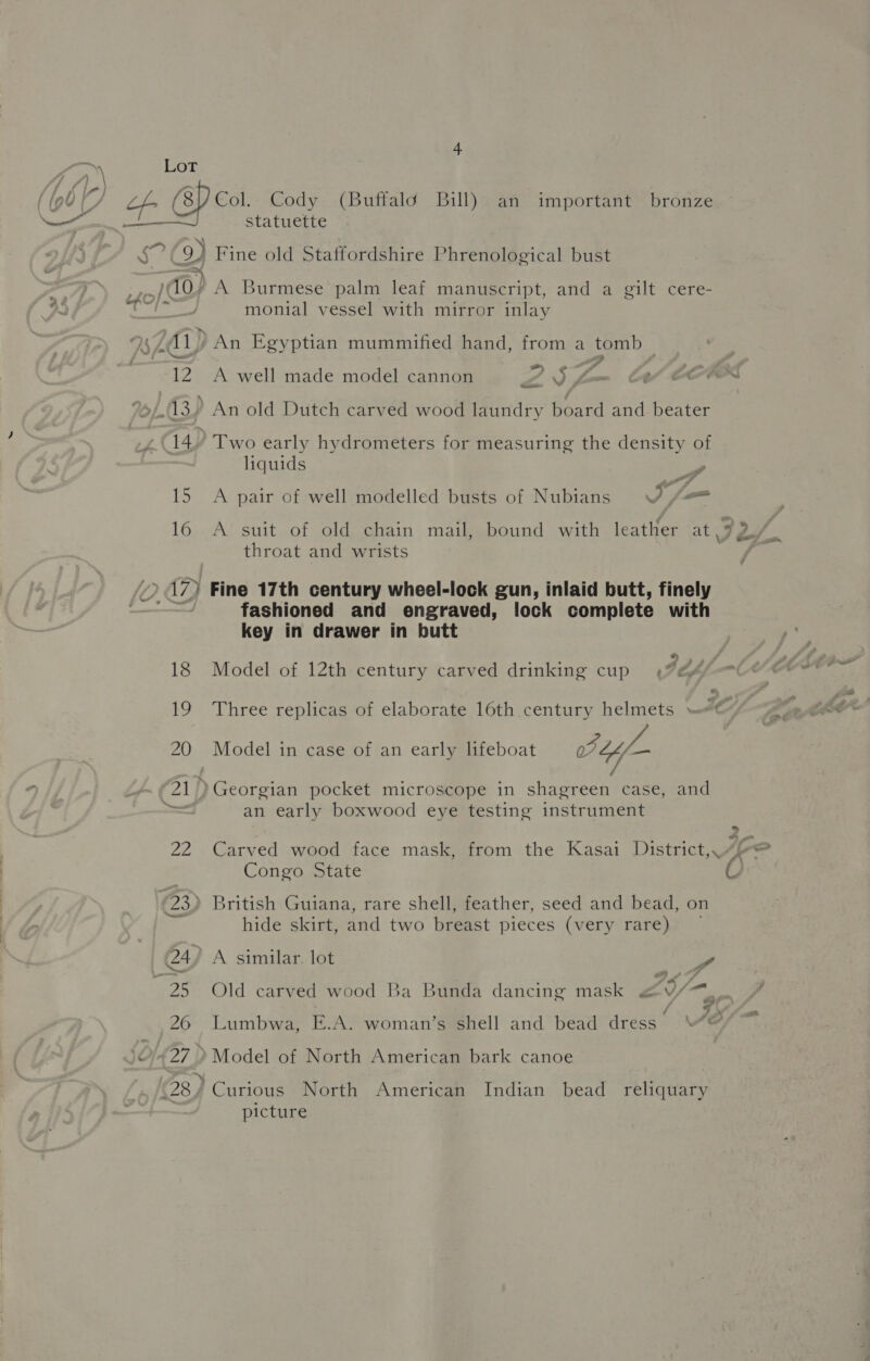 Ww atuette © Fine old Staffordshire Phrenological bust ; 0? A Burmese palm leaf manuscript, and a gilt cere- z monial vessel with mirror inlay Sy) An Egyptian mummified hand, from a tomb — -¥ 12. A well made model cannon ZY < re 14 > Two early hydrometers for measuring the density of liquids “ . 7 al 15 A pair of well modelled busts of Nubians J “<== throat and wrists 17) ) Fine 17th century wheel-lock gun, inlaid butt, finely : fashioned and engraved, lock complete with key in drawer in butt 18 Model of 12th century carved drinking cup (%@¢ 19 Three replicas of elaborate 16th century helmets —<* 20 Model in case of an early lifeboat Fuy/- 21 )Georgian pocket microscope in shagreen case, and = an early boxwood eye testing instrument Congo State C23) British Guiana, rare shell, feather, seed and bead, on hide skirt, and two breast pieces (very rare) ~ 24, A similar. lot y) — a) , GP 25 Old carved wood Ba Bunda dancing mask @&amp;v/™ 26 Lumbwa, E.A. woman’s shell and bead dress 25 ‘27 ) Model of North American bark canoe (28,/ Curious North American Indian bead _ reliquary picture