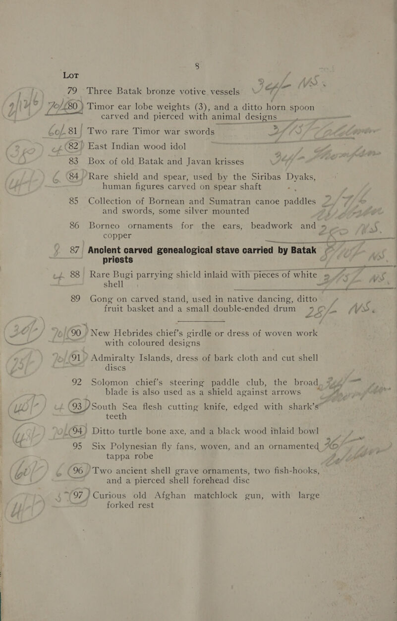 79 | 94 VS Three Batak bronze votive vessels ey, 83 84 85 86 87 88 89 91 2 93 95 96 carved and pierced with animal designs ; > Two rare Timor war swords East Indian wood idol Box of old Batak and Javan krisses Rare shield and spear, used by the Siribas Dyaks, human figures carved on spear shaft Collection of Bornean and Sumatran canoe paddles and swords, some silver mounted Borneo ornaments for the ears, beadwork and « copper a  SS Ancient carved genealogical stave carried by Batak eC priests of Rare Bugi parrying shield inlaid with pieces of white shell Gong on carved stand, used in native dancing, ditto ; fruit basket and a small double-ended drum 93¢/. /Y» an, New Hebrides chief’s girdle or dress of woven work with coloured designs Admiralty Islands, dress of bark cloth and cut shell discs Solomon chief’s steering paddle club, the broad. #44) —™ blade is also used as a shield against arrows “~ A South Sea flesh cutting knife, edged with shark’s teeth . Ditto turtle bone axe, and a black wood inlaid bowl Six Polynesian fly fans, woven, and an ornamented “— tappa robe Two ancient shell grave ornaments, two fish-hooks, and a pierced shell forehead disc forked rest