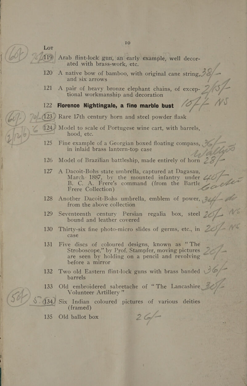 IO LOT (119 Arab flint-lock gun, an early example, well decor- ated with brass-work, etc. - 120 A native bow of bamboo, with original cane string, 90/ — and six arrows ‘ 121 A pair of heavy bronze elephant chains, of EXCEP- } tional workmanship and decoration y aS, / . # J A, \) // 7 fi 122 Florence Nightingale, a fine marble bust A, ST haere é : 4123) Rare 17th century horn and steel powder flask 124) Model to scale of Portugese wine cart, with barrels, hood, ete. 125 Fine example of a Georgian boxed floating compass, , in inlaid brass lantern-top case | 126 Model of Brazilian battleship, made entirely of horn Cae - / 127. A Dacoit-Bohs state umbrella, captured at Dagasau, pe March: 1887, by the mounted infantry under 24/7, Frere Collection) 128 Another Dacoit-Bohs umbrella, emblem of power, IL5 from the above collection 129. Seventeenth century Persian regalia box, steel ic bound and leather covered ’ 130 Thirty-six fine photo-micro slides of germs, etc., in Ze / case 131 Five discs of coloured designs, known as “The Stroboscope,” by Prof. Stampfer, moving pictures are seen by holding on a pencil and revolving ~ before a mirror 132 Two old Eastern flint- lock guns with brass banded | barrels 133 Old embroidered sabretache of “The Lancashire _ Sp a Volunteer Artillery ” f F 134) Six Indian coloured pictures of various deities | (framed) 135 Old ballot box 2 C/—